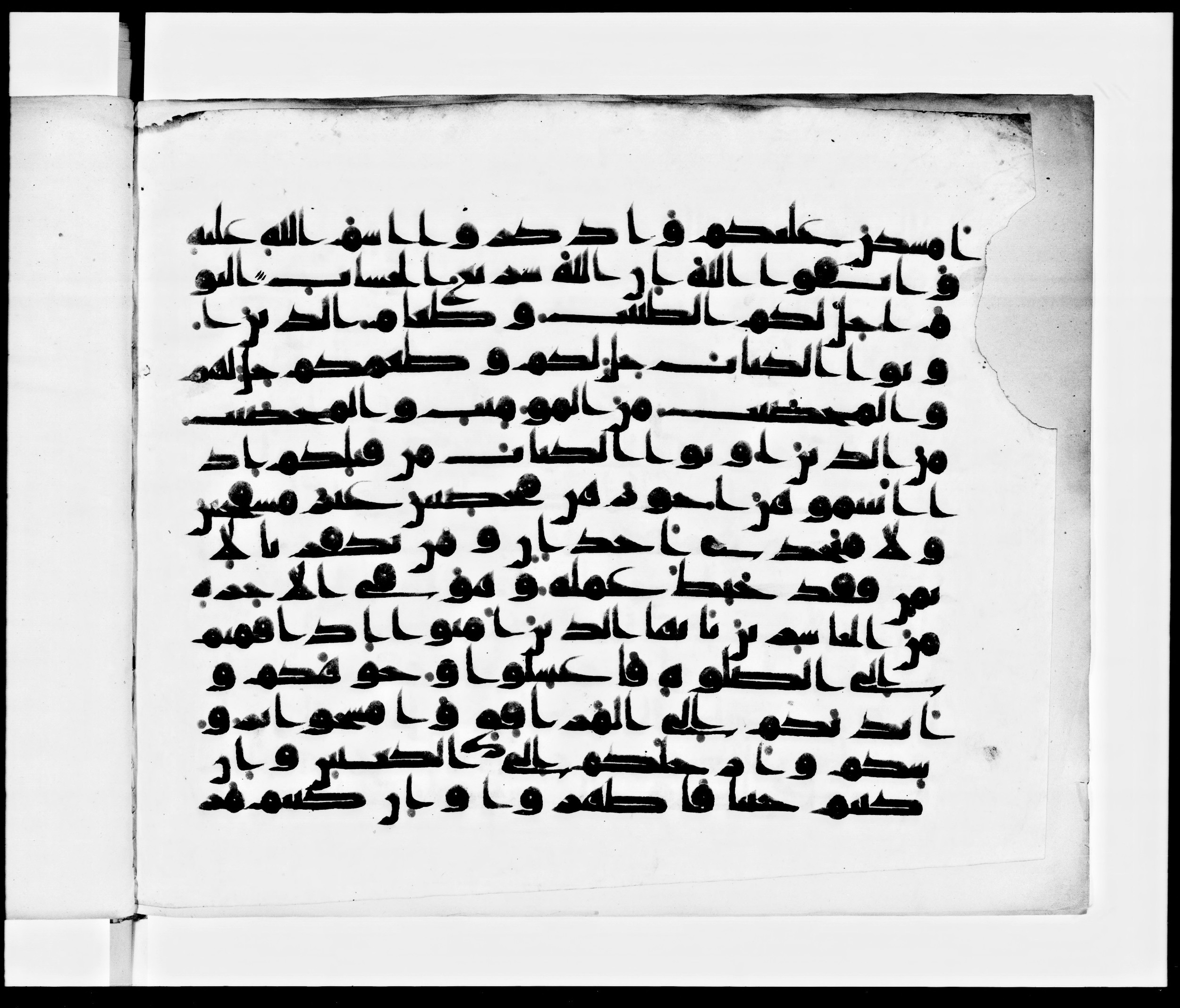 Arabe 371 (Scan 2), in kūfī (subtype not classified) script, showing Surah 5:6 from Mid 8th to Late 10th Century AD found in Fustat (Old Cairo), Egypt, currently housed at Bibliothèque nationale de France, Paris