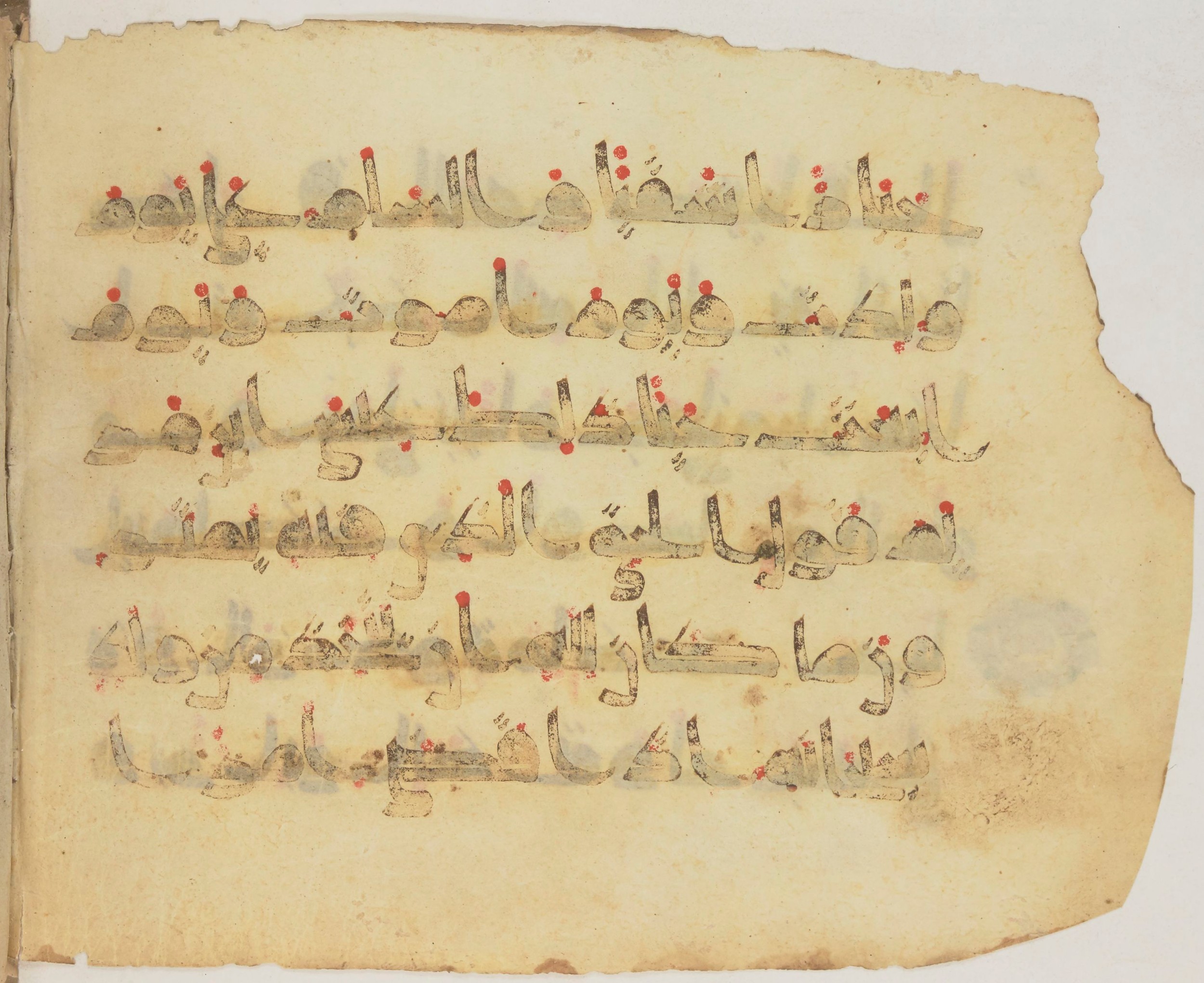 Paris, Bibliothèque nationale de France, Arabe 372 (Scan 2), in kūfī (type D) script, showing Surah 19:32 from 9th Century AD found in Fustat (Old Cairo), Egypt, currently housed at Bibliothèque nationale de France, Paris