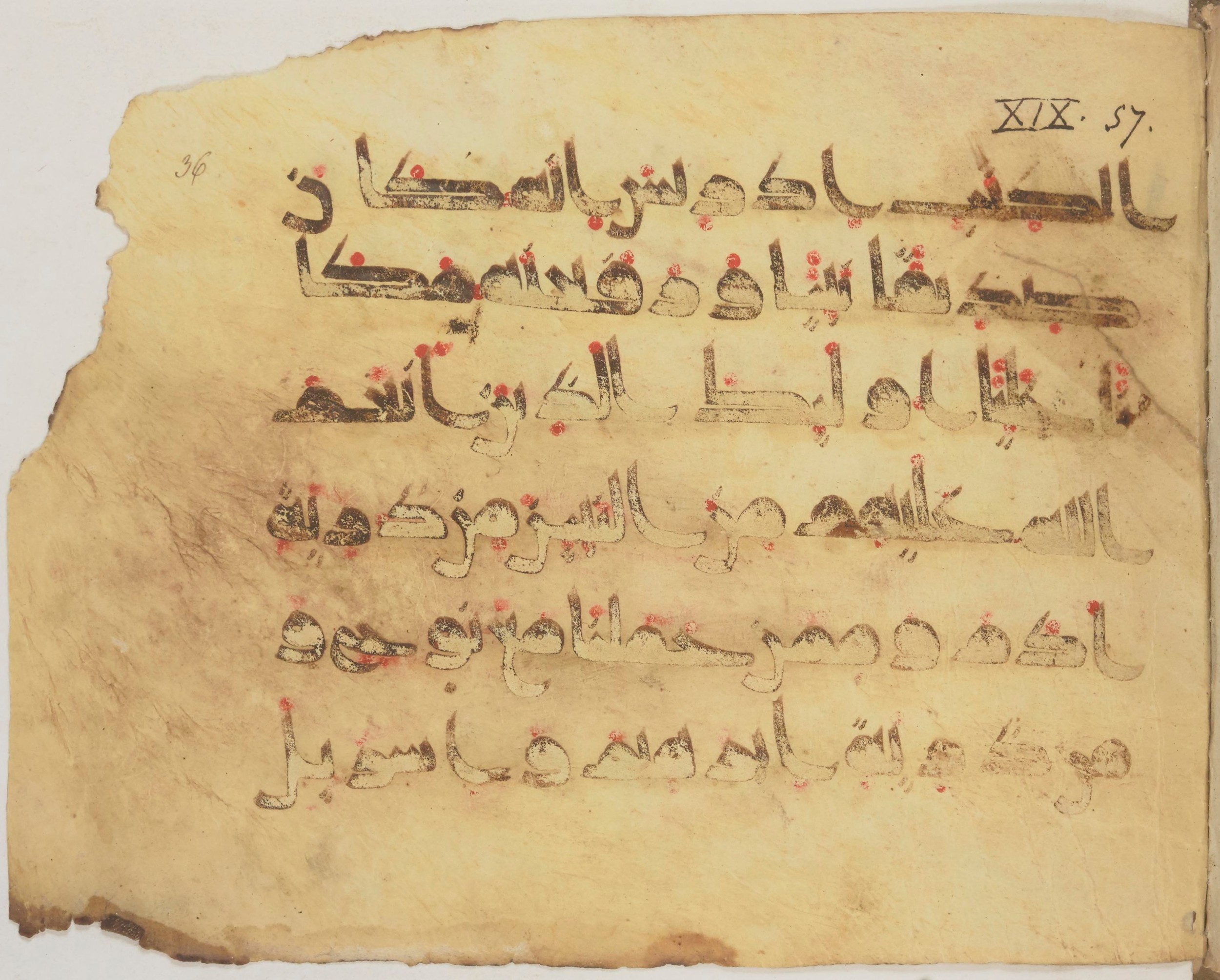 Paris, Bibliothèque nationale de France, Arabe 372 (Scan 2), in kūfī (type D) script, showing Surah 19:56 from 9th Century AD found in Fustat (Old Cairo), Egypt, currently housed at Bibliothèque nationale de France, Paris