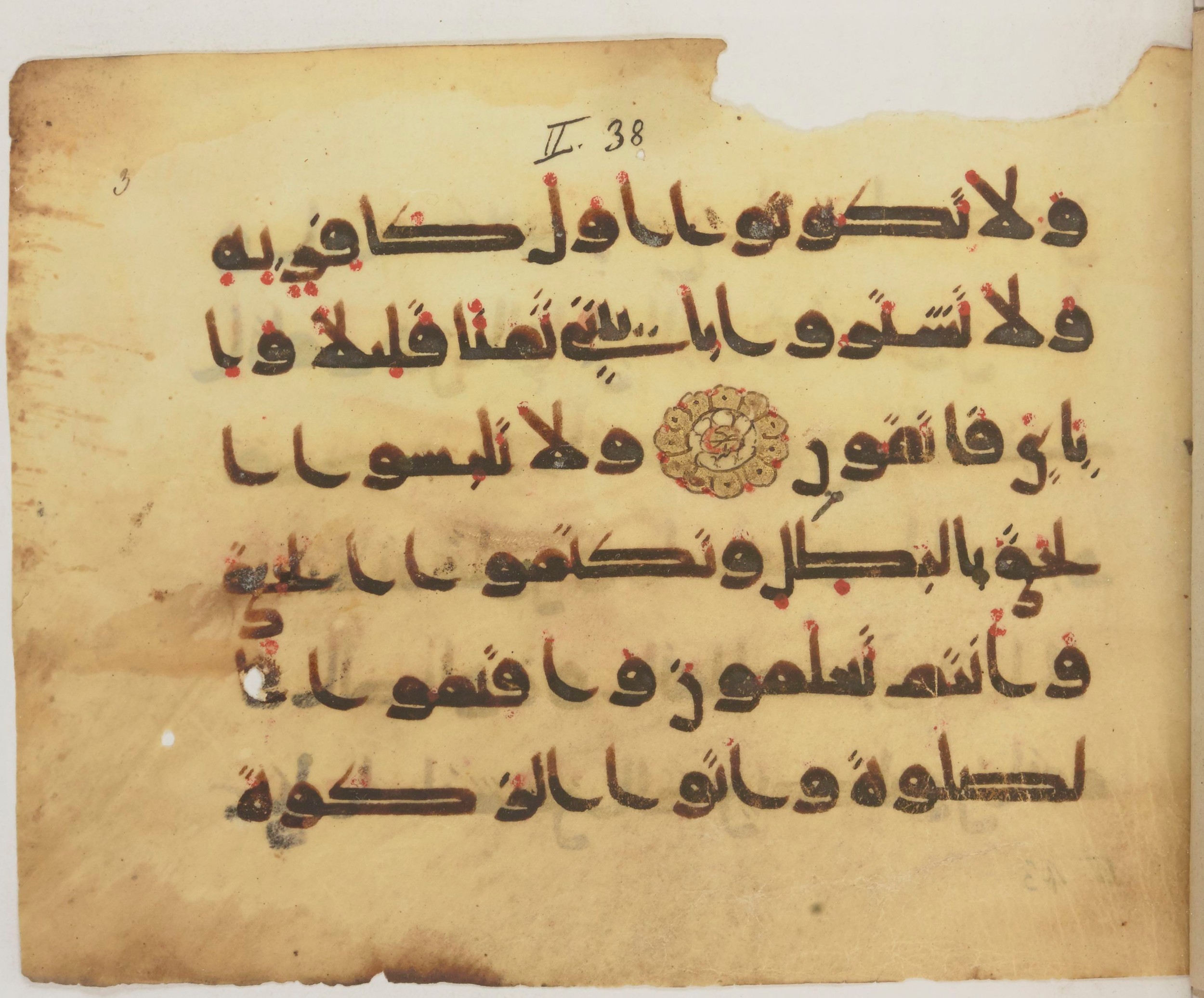 Paris, Bibliothèque nationale de France, Arabe 372 (Scan 2), in kūfī (type D) script, showing Surah 2:41 from 9th Century AD found in Fustat (Old Cairo), Egypt, currently housed at Bibliothèque nationale de France, Paris