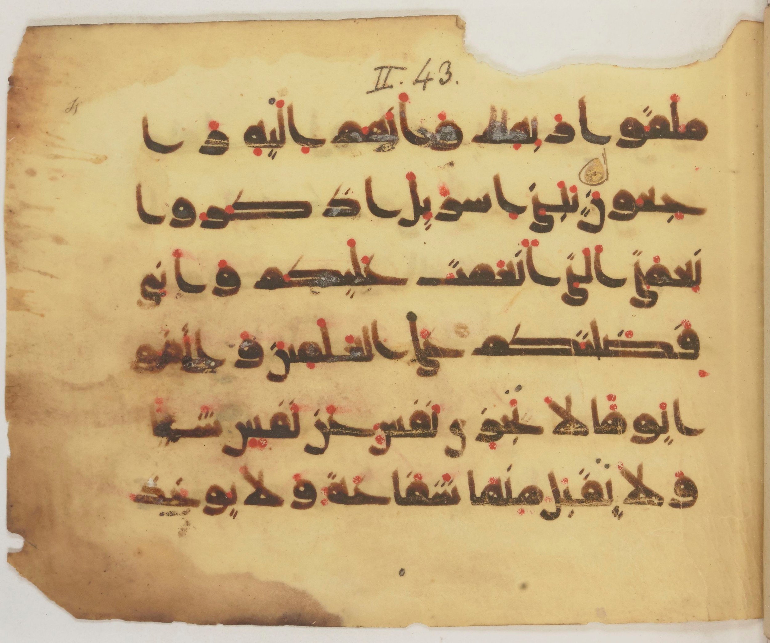 Paris, Bibliothèque nationale de France, Arabe 372 (Scan 2), in kūfī (type D) script, showing Surah 2:46 from 9th Century AD found in Fustat (Old Cairo), Egypt, currently housed at Bibliothèque nationale de France, Paris