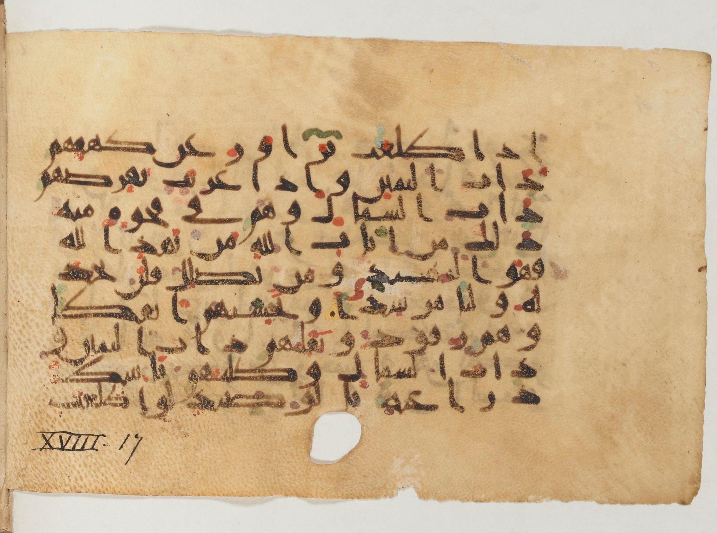 Paris, Bibliothèque nationale de France, Arabe 374 (a) (Scan 2), in New Style (type NS III) script, showing Surah 18:17 from Mid-9th to Late 10th Century AD found in al-Fusṭāṭ (Old Cairo), Egypt, currently housed at Bibliothèque nationale de France, Paris