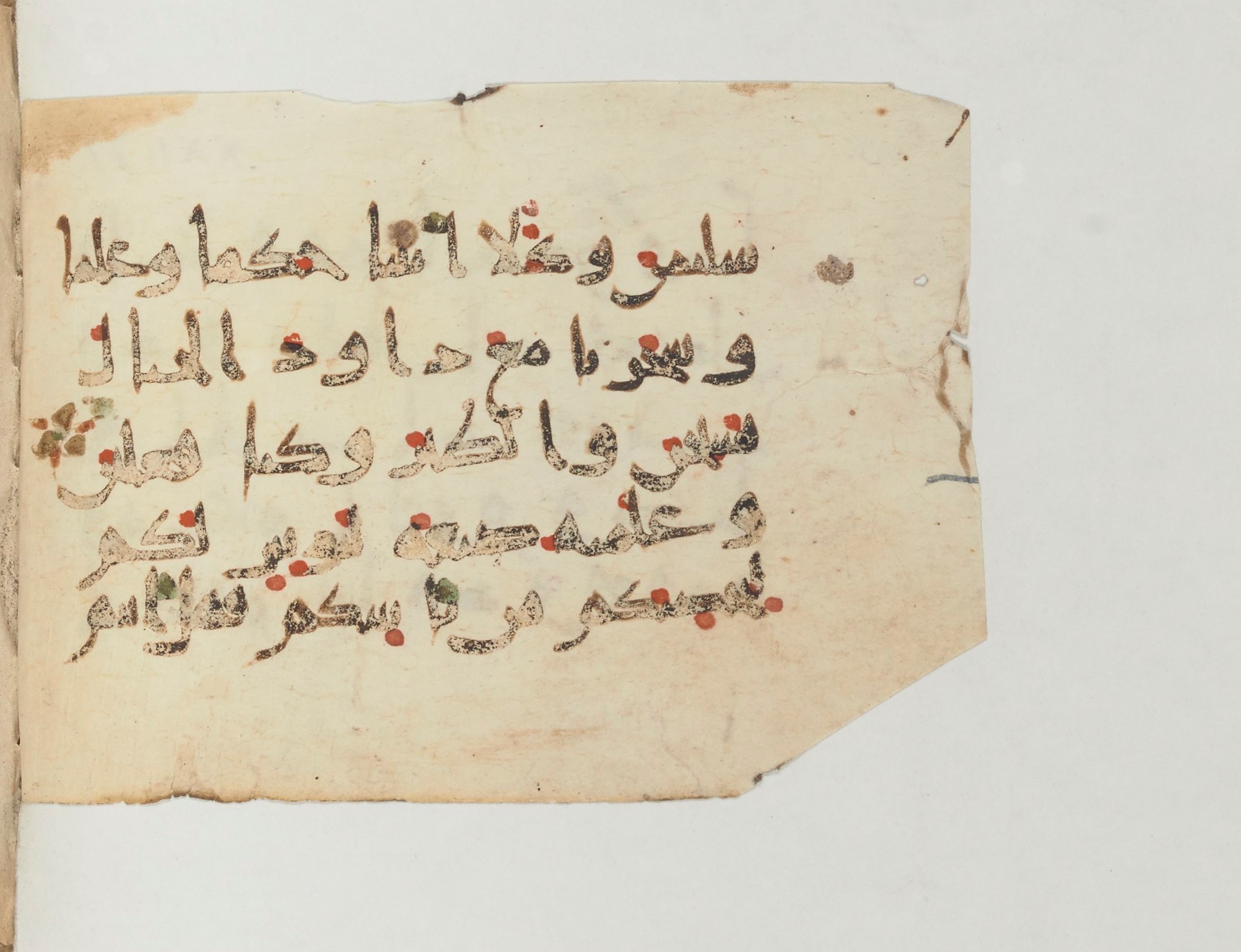 Paris, Bibliothèque nationale de France, Arabe 374 (b) (Scan 2), in New Style (type III) script, showing Surah 21:79 from Mid-9th to Late 10th Century AD found in Fustat (Old Cairo), Egypt, currently housed at Bibliothèque nationale de France, Paris