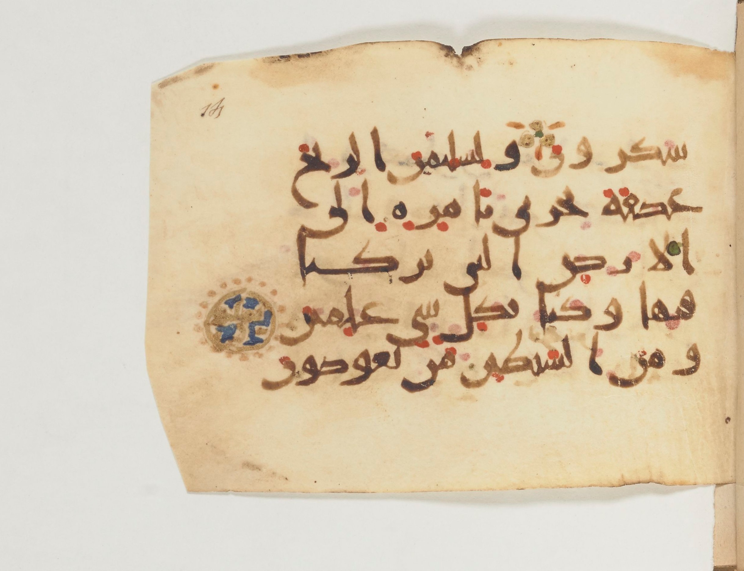Paris, Bibliothèque nationale de France, Arabe 374 (b) (Scan 2), in New Style (type III) script, showing Surah 21:80 from Mid-9th to Late 10th Century AD found in Fustat (Old Cairo), Egypt, currently housed at Bibliothèque nationale de France, Paris
