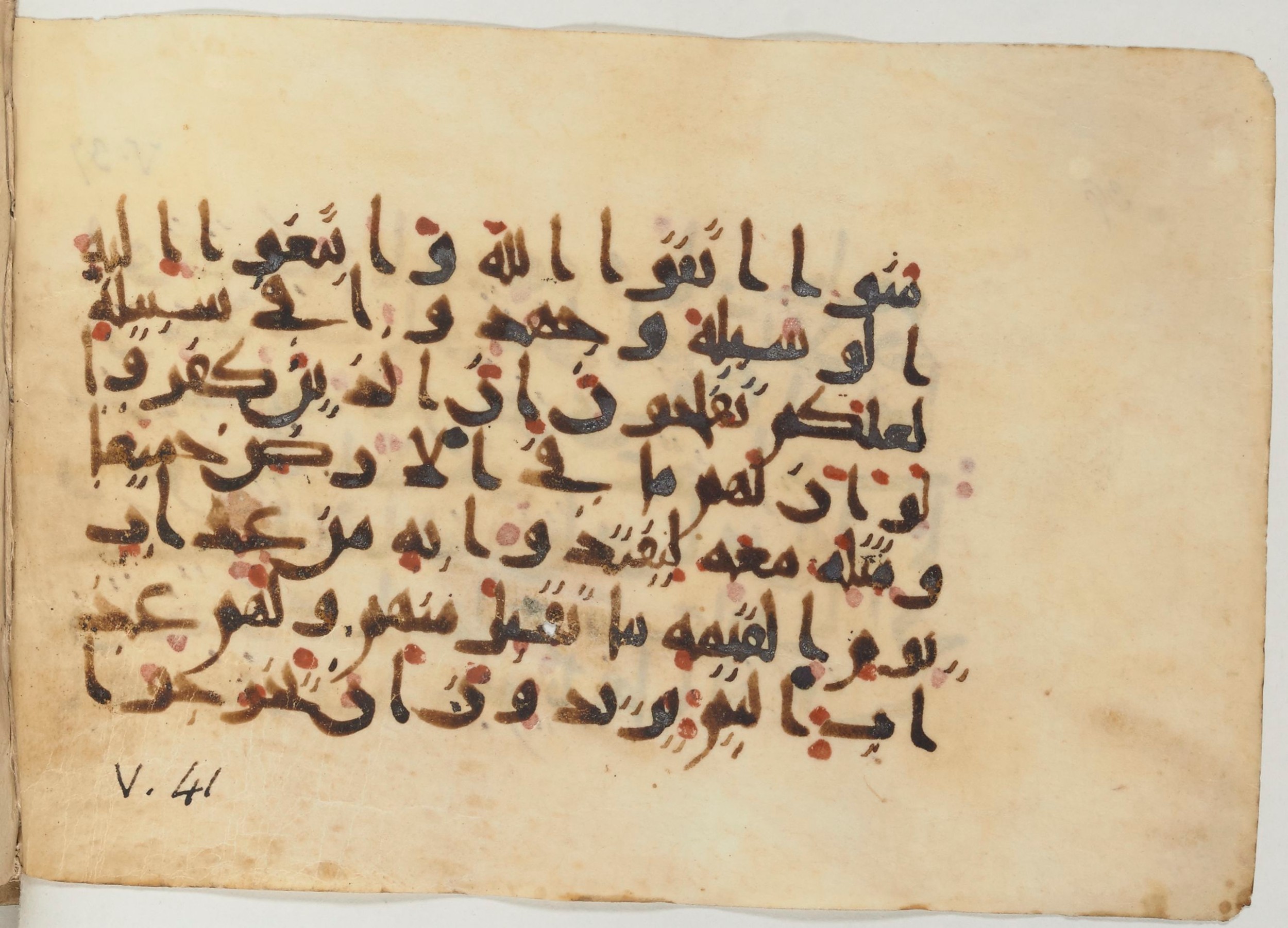 Paris, Bibliothèque nationale de France, Arabe 374 (c) (Scan 2), in New Style (type NS III) script, showing Surah 5:35 from Mid 9th to Late 10th Century AD found in Fustat (Old Cairo), Egypt, currently housed at Bibliothèque nationale de France, Paris