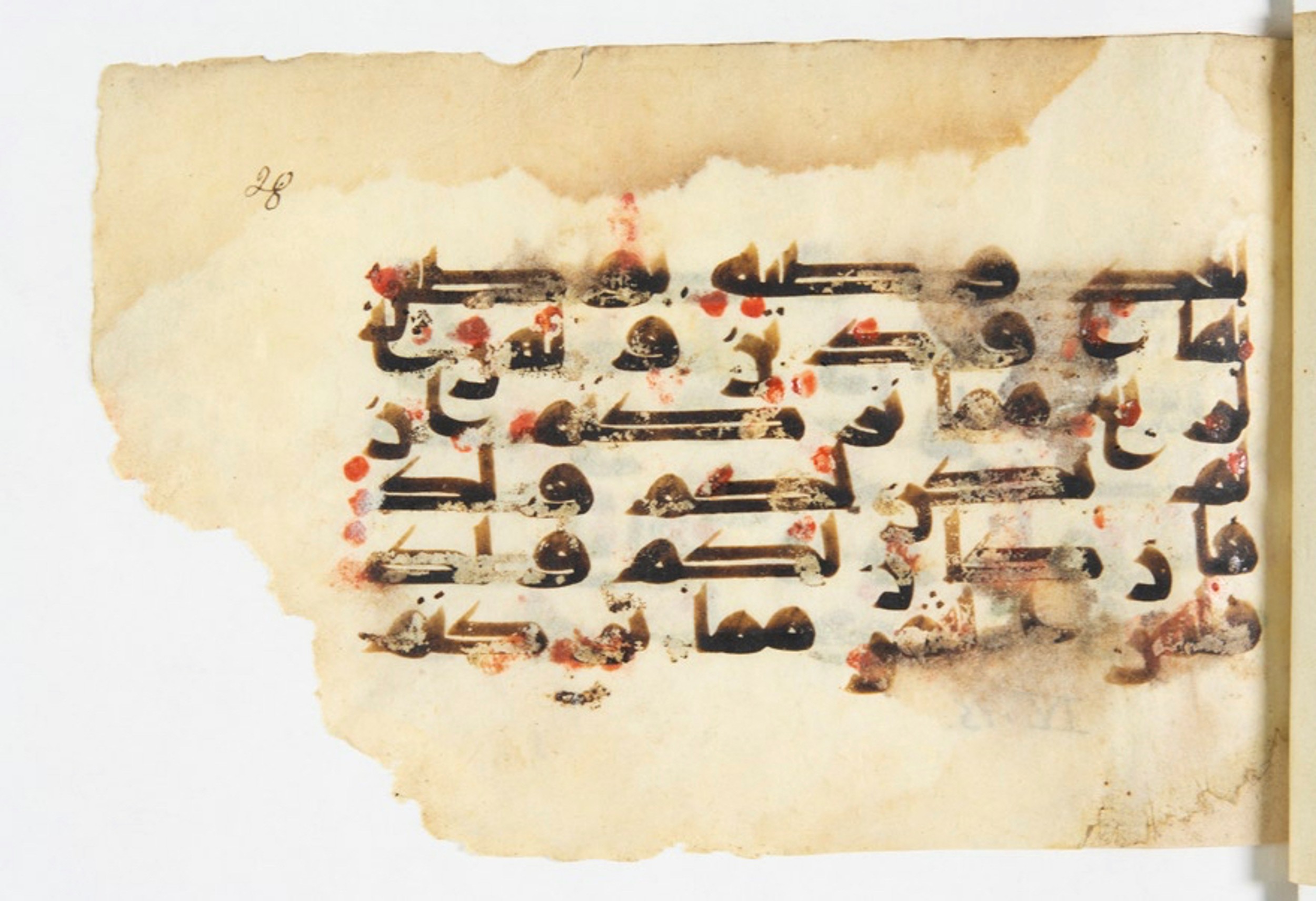 Arabe 375a (Scan 2), in Kūfī D script, showing Surah 4:12 from 9th to 10th Century AD found in Fustat (Old Cairo), Egypt, currently housed at Bibliothèque nationale de France, Paris