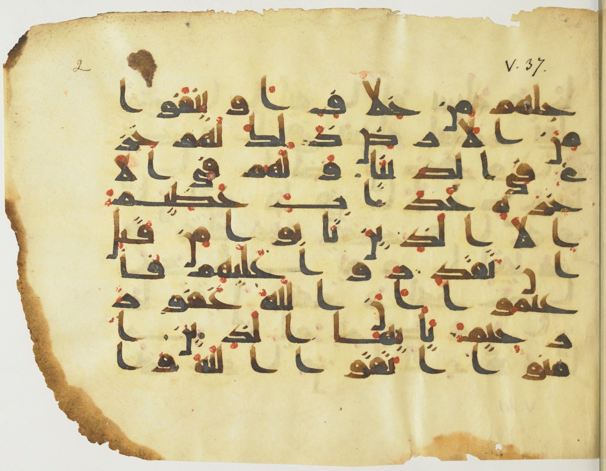 BnF Arabe 376 (a) (Scan 1), in Kufic D.I script, showing Surah 5:35 from Mid 8th to Late 9th Century AD found in Fustat (Old Cairo), Egypt, currently housed at Bibliothèque nationale de France, Paris