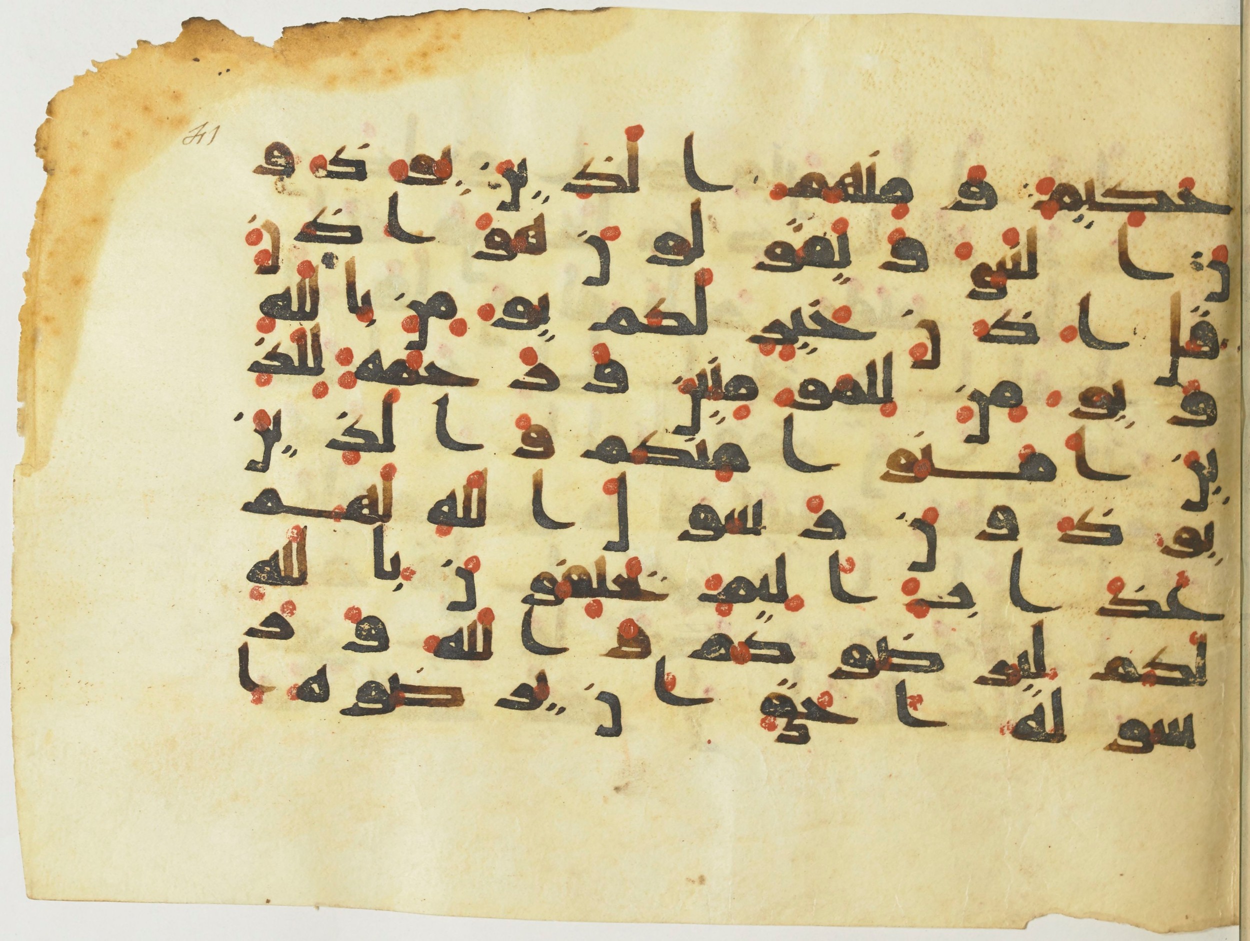 BnF Arabe 376 (a) (Scan 1), in Kufic D.I script, showing Surah 9:62 from Mid 8th to Late 9th Century AD found in Fustat (Old Cairo), Egypt, currently housed at Bibliothèque nationale de France, Paris