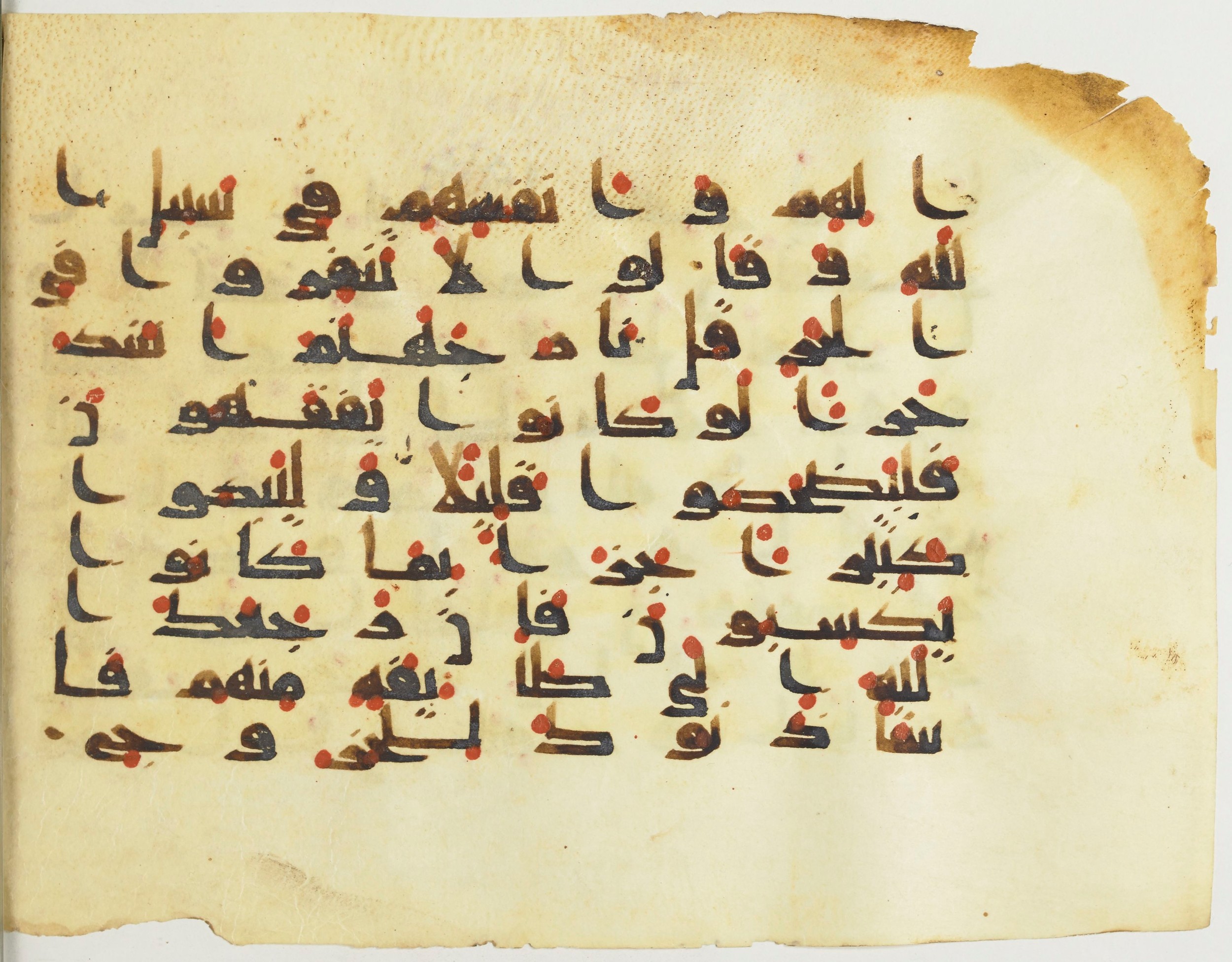 BnF Arabe 376 (a) (Scan 1), in Kufic D.I script, showing Surah 9:83 from Mid 8th to Late 9th Century AD found in Fustat (Old Cairo), Egypt, currently housed at Bibliothèque nationale de France, Paris
