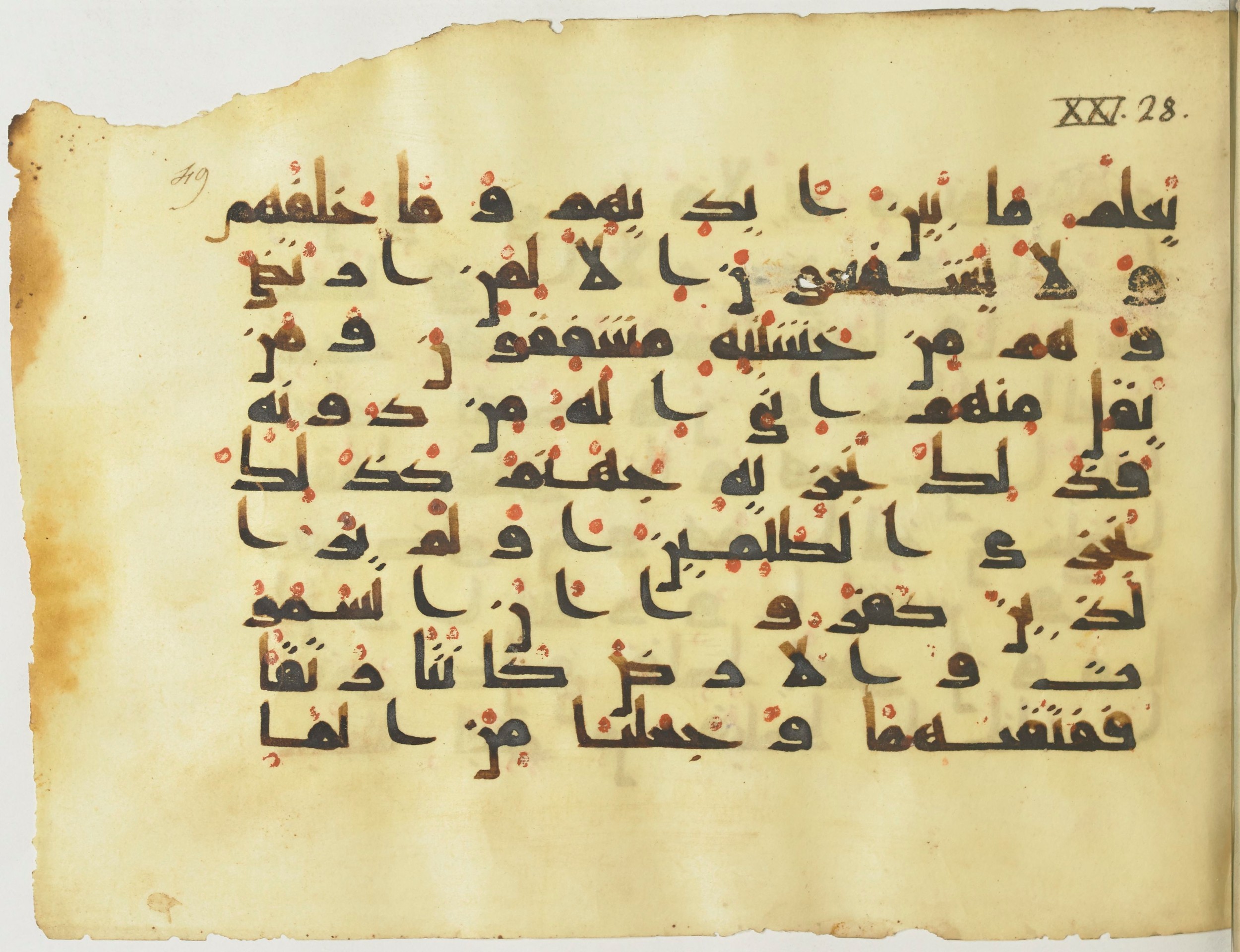 BnF Arabe 376 (a), in Kufic D.I script, showing Surah 21:29 from Mid 8th to Late 9th Century AD found in Fustat (Old Cairo), Egypt, currently housed at Bibliothèque nationale de France, Paris