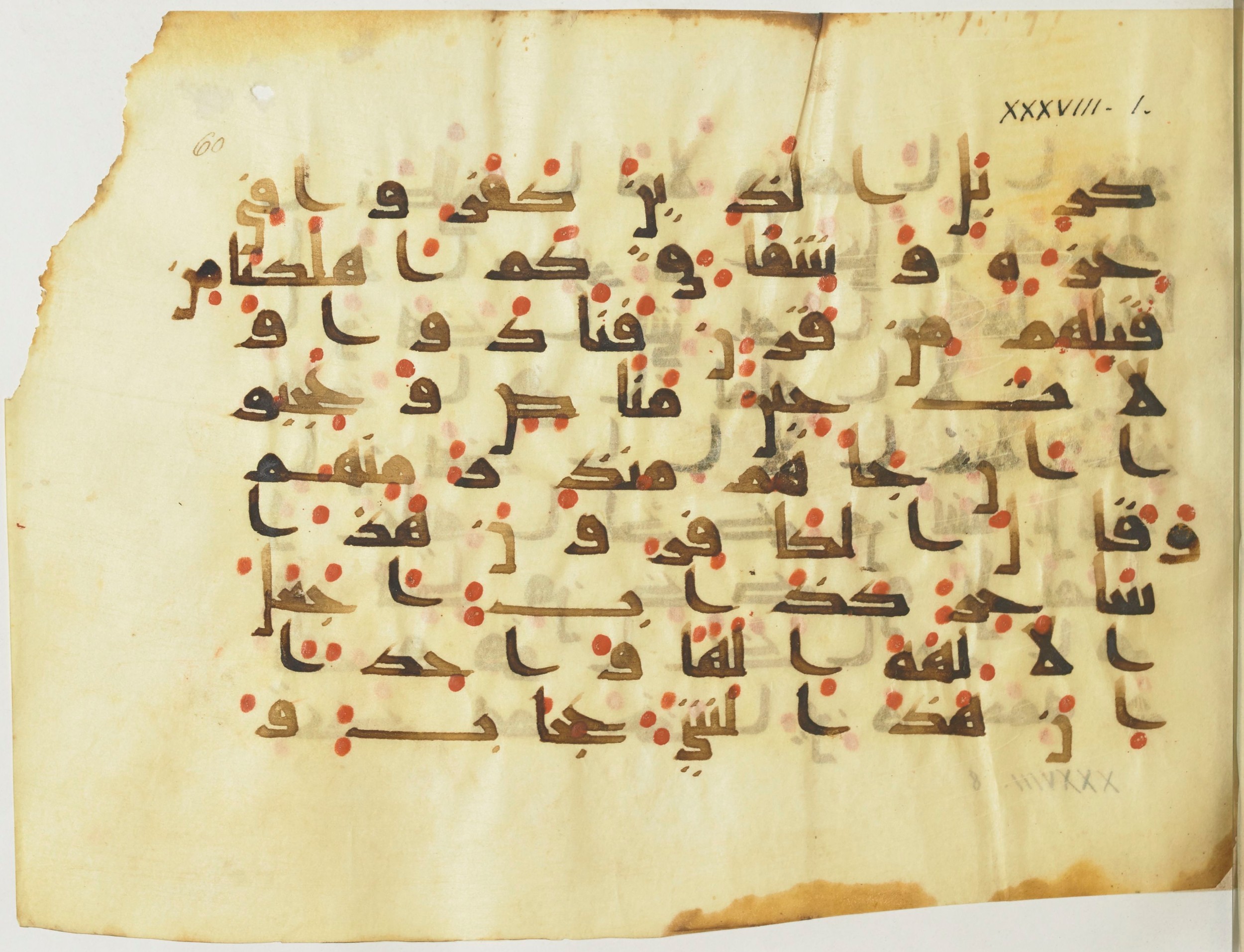 BnF Arabe 376 (a), in Kufic D.I script, showing Surah 38:2 from Mid 8th to Late 9th Century AD found in Fustat (Old Cairo), Egypt, currently housed at Bibliothèque nationale de France, Paris