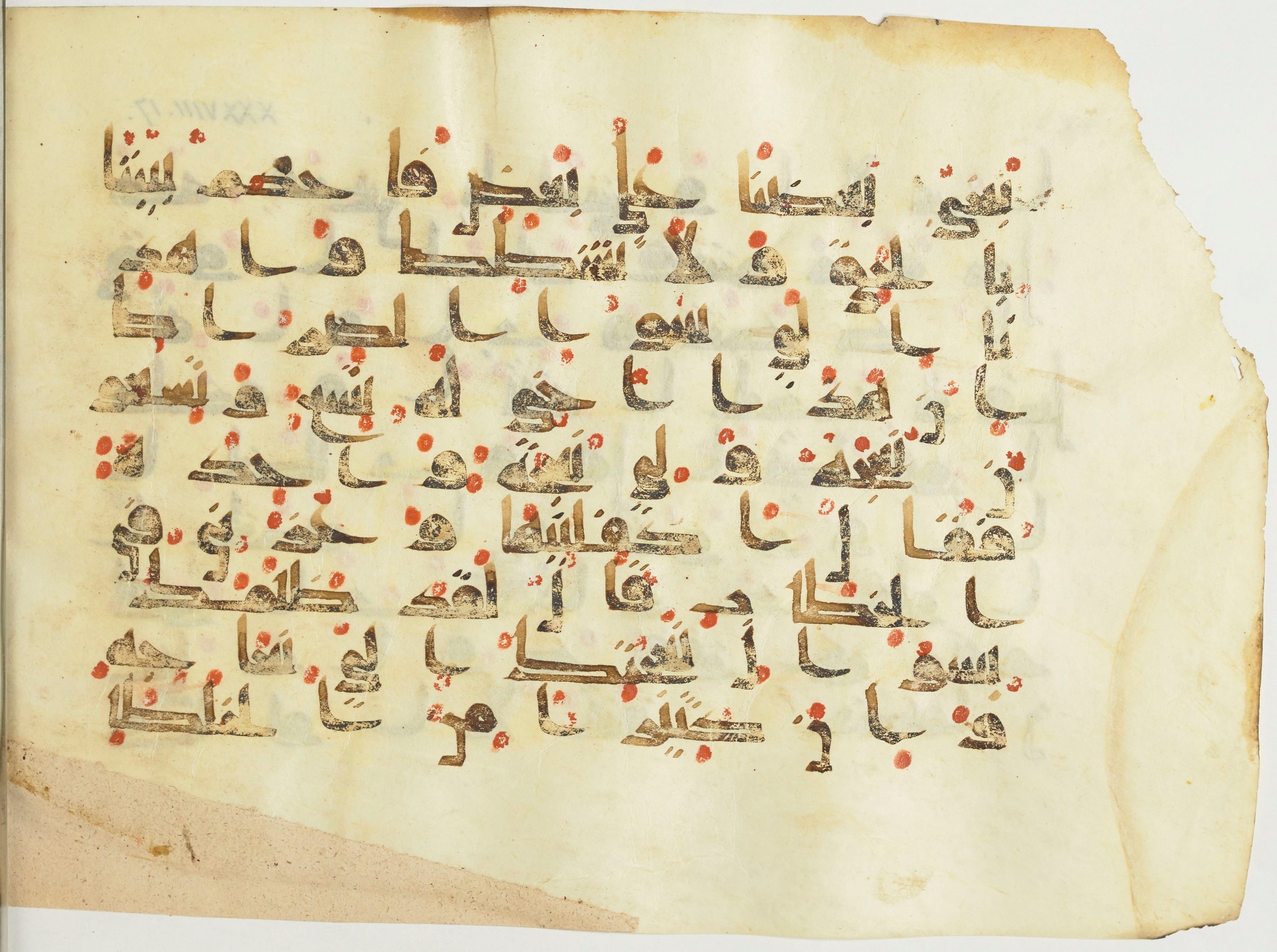 BnF Arabe 376 (a) (Scan 2), in Kufic D.I script, showing Surah 38:22 from Mid 8th to Late 9th Century AD found in Fustat (Old Cairo), Egypt, currently housed at Bibliothèque nationale de France, Paris