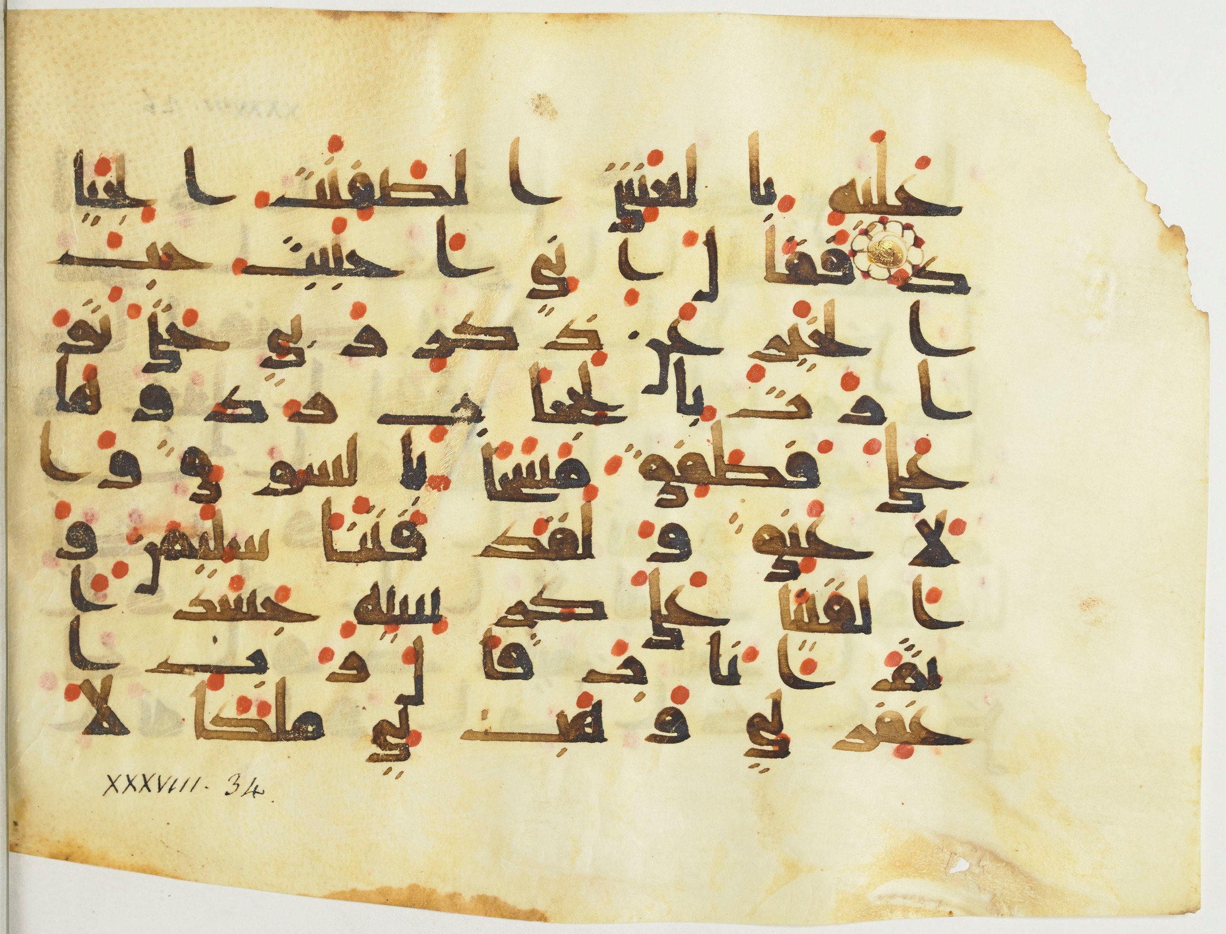 BnF Arabe 376 (a) (Scan 1), in Kufic D.I script, showing Surah 38:35 from Mid 8th to Late 9th Century AD found in Fustat (Old Cairo), Egypt, currently housed at Bibliothèque nationale de France, Paris