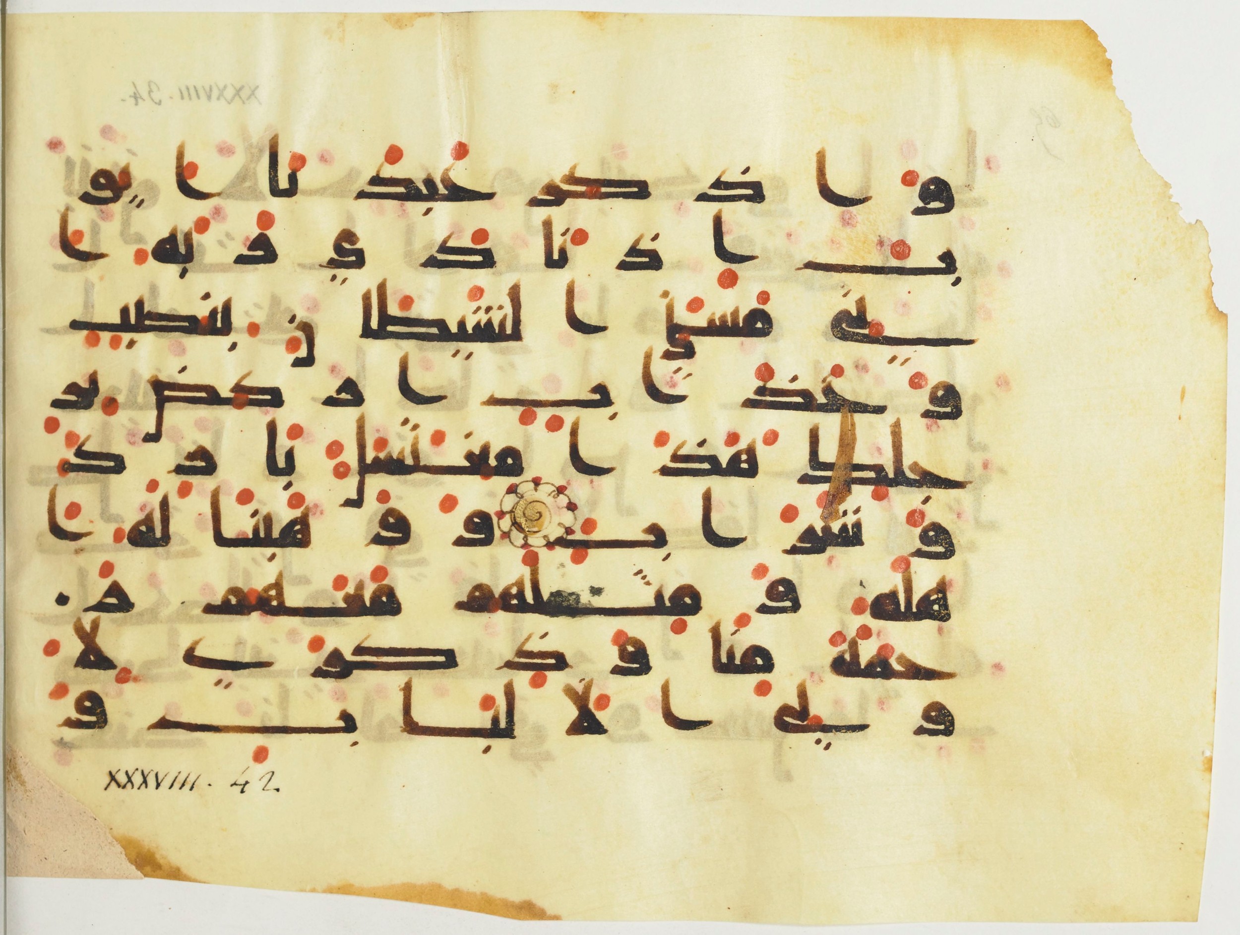 BnF Arabe 376 (a), in Kufic D.I script, showing Surah 38:41 from Mid 8th to Late 9th Century AD found in Fustat (Old Cairo), Egypt, currently housed at Bibliothèque nationale de France, Paris