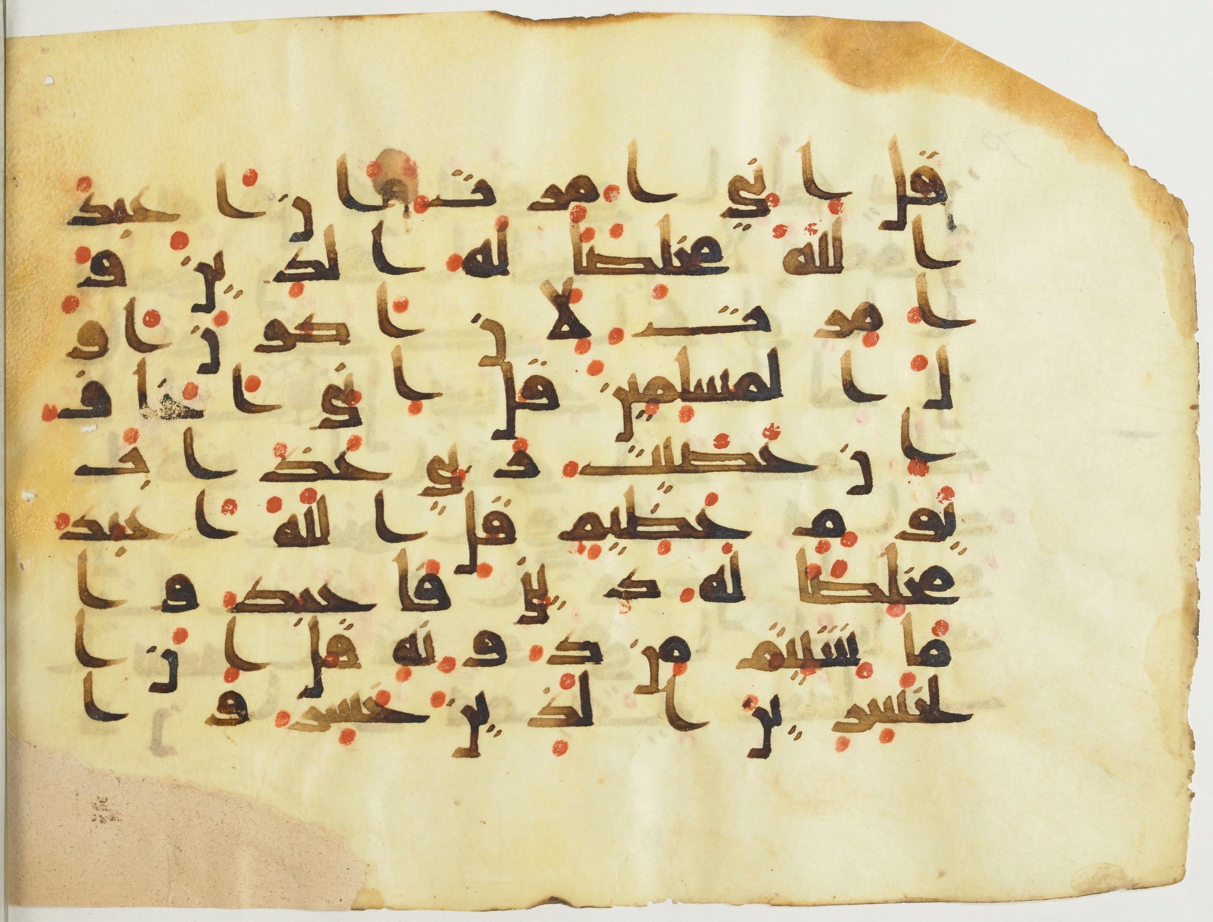 BnF Arabe 376 (a), in Kufic D.I script, showing Surah 39:13 from Mid 8th to Late 9th Century AD found in Fustat (Old Cairo), Egypt, currently housed at Bibliothèque nationale de France, Paris