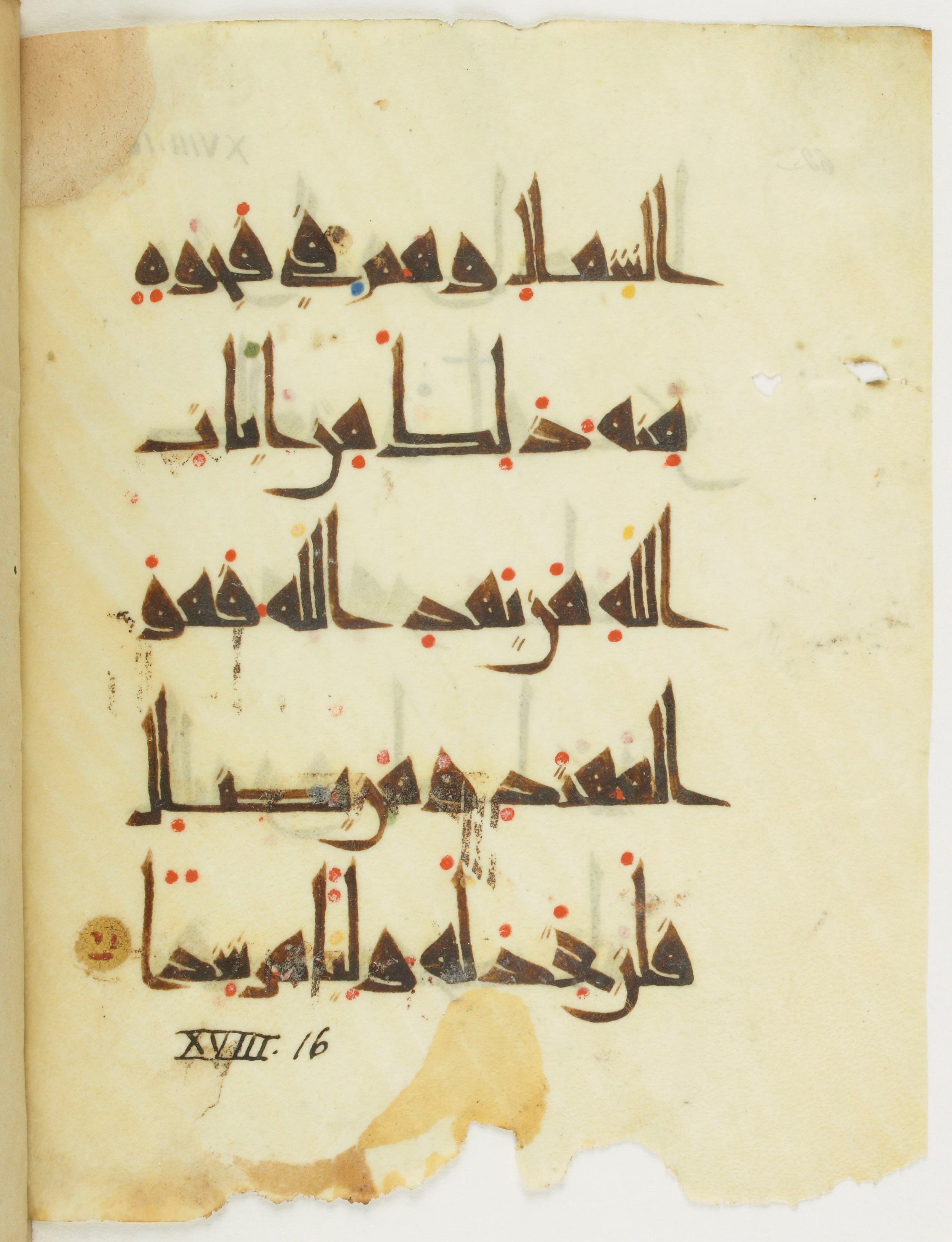 Paris, Bibliothèque nationale de France, Arabe 377 (b) (Scan 2), in New Style I script, showing Surah 18:17 from Mid 9th to Late 10th Century AD found in al-Fustat (Old Cairo), Egypt, currently housed at Bibliothèque nationale de France, Paris