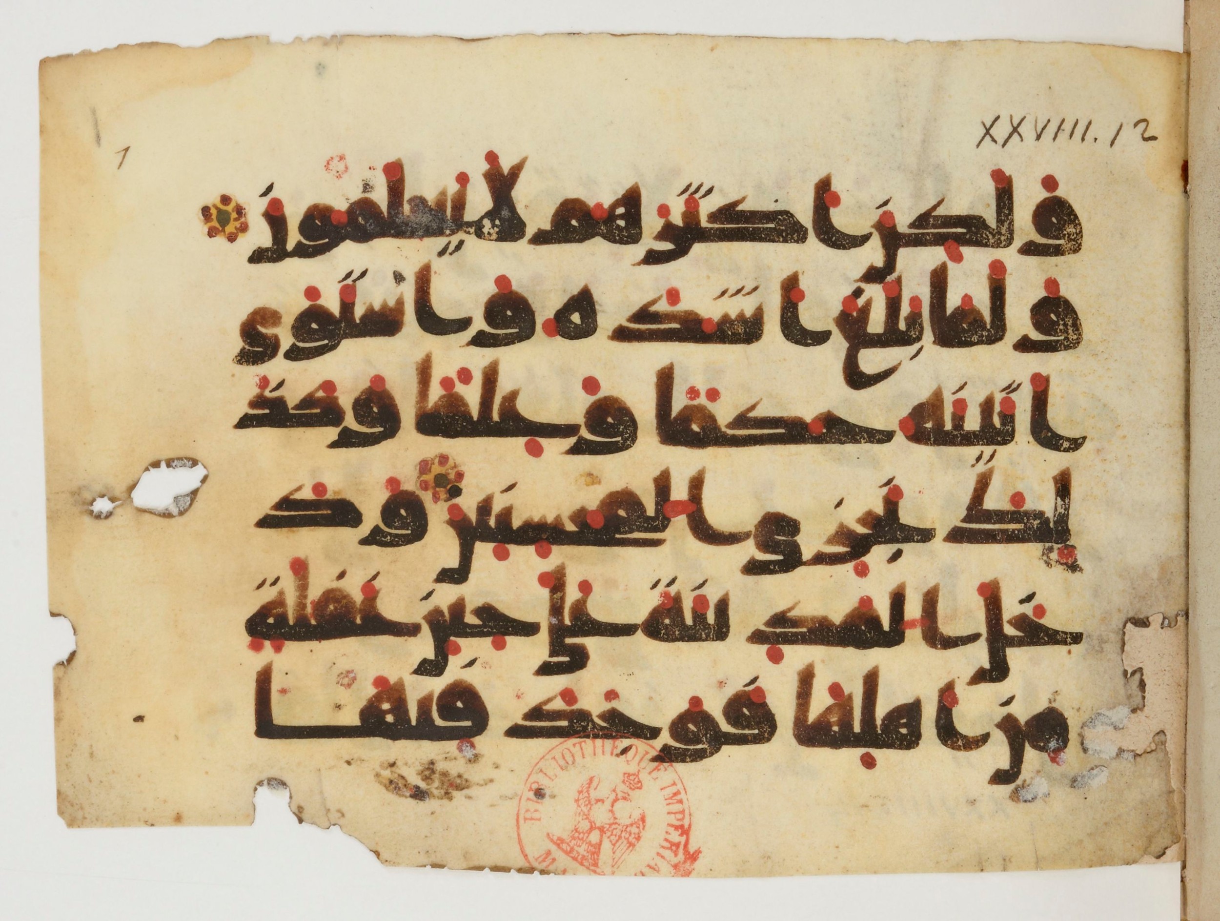 Paris, Bibliothèque nationale de France, Arabe 380 (a), in Kufic D script, showing Surah 28:14 from Mid 8th to Late 9th Century AD found in Fustat (Old Cairo), Egypt, currently housed at Bibliothèque nationale de France, Paris