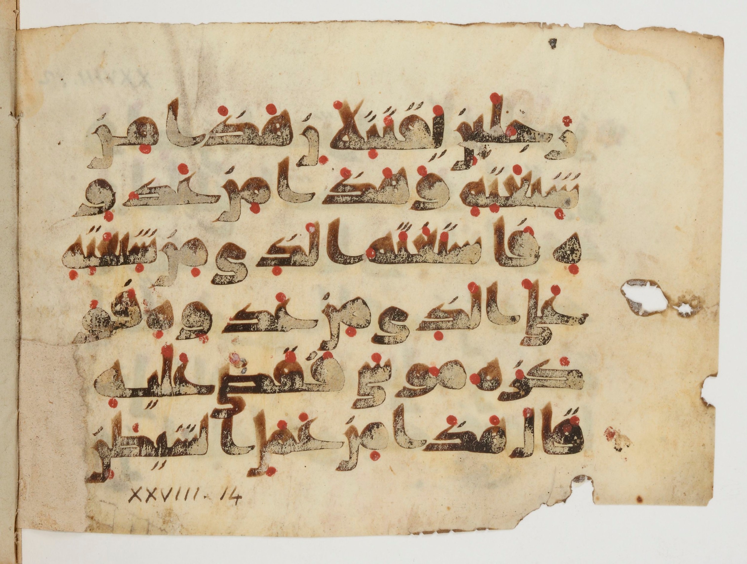 Paris, Bibliothèque nationale de France, Arabe 380 (a) (Scan 2), in Kufic D script, showing Surah 28:15 from Mid 8th to Late 9th Century AD found in Fustat (Old Cairo), Egypt, currently housed at Bibliothèque nationale de France, Paris