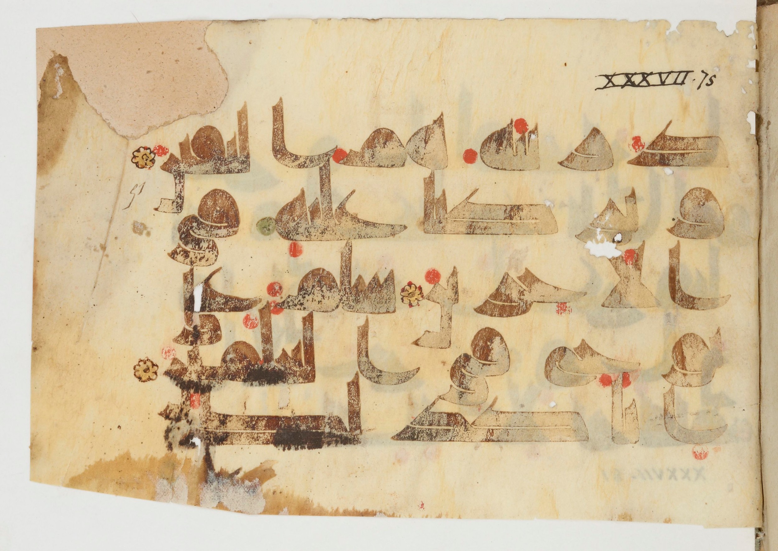 Paris, Bibliothèque nationale de France, Arabe 380 (c), in Kūfī D.I script, showing Surah 37:79 from 8th to 9th Century AD found in Fustat (Old Cairo), Egypt, currently housed at Bibliothèque nationale de France, Paris