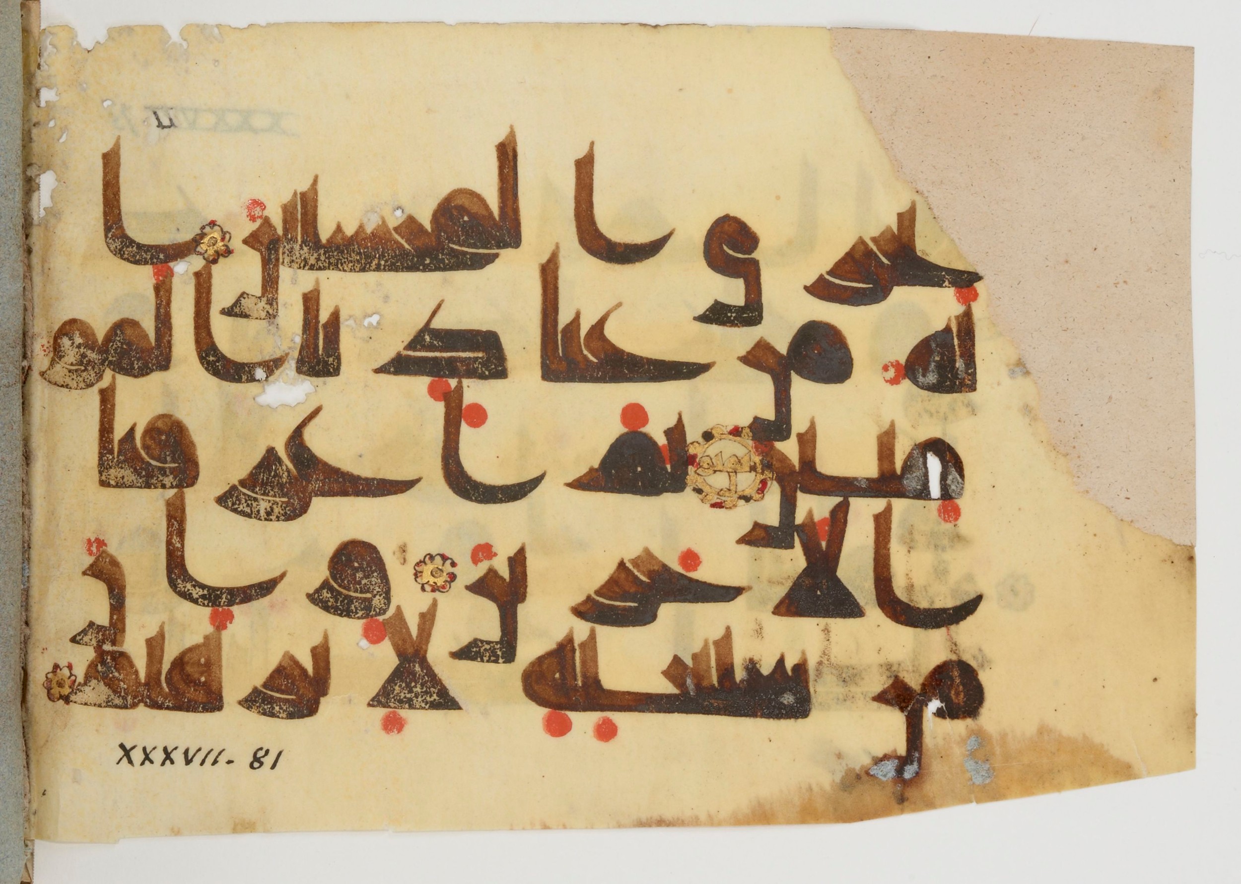 Paris, Bibliothèque nationale de France, Arabe 380 (c), in Kūfī D.I script, showing Surah 37:83 from 8th to 9th Century AD found in Fustat (Old Cairo), Egypt, currently housed at Bibliothèque nationale de France, Paris