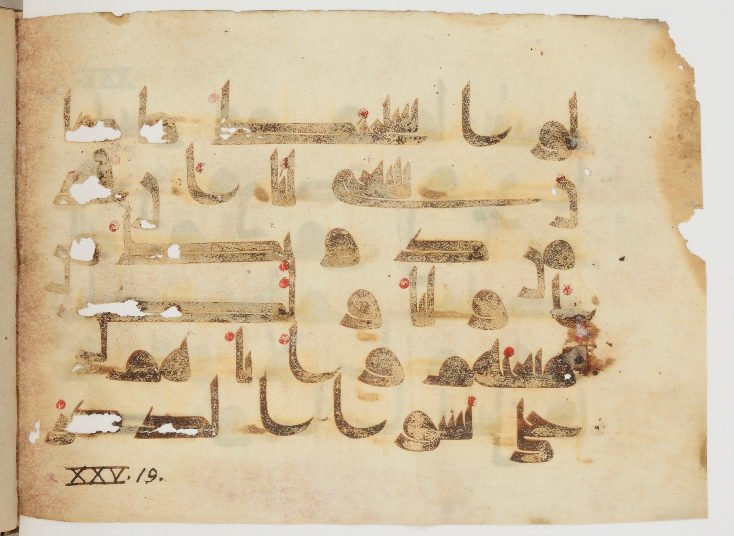 Paris, Bibliothèque nationale de France, Arabe 380 (d) (Scan 2), in Early Kufic D.I script, showing Surah 25:18 from Mid 8th to Late 9th Century AD found in Fustat (Old Cairo), Egypt, currently housed at Bibliothèque nationale de France, Paris