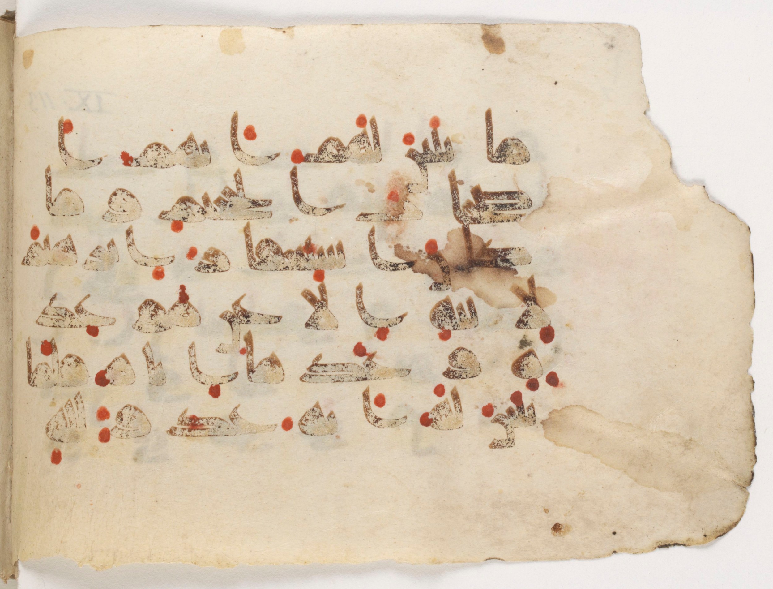 Paris, Bibliothèque nationale de France, Arabe 381 (a) (Scan 2), in Kūfī D script, showing Surah 9:113 from Mid 8th to Early 10th Century AD found in Fustat (Old Cairo), Egypt, currently housed at Bibliothèque nationale de France, Paris