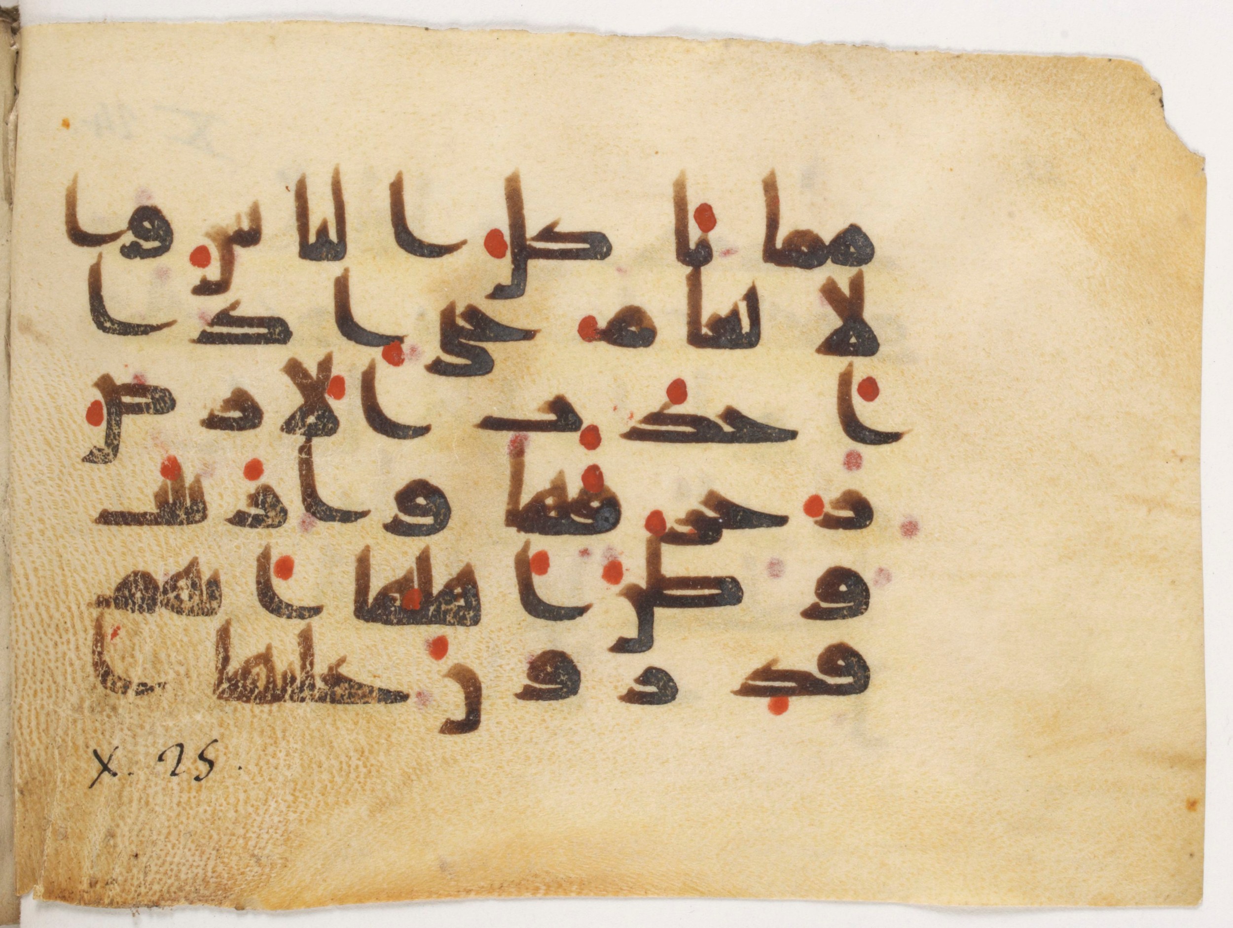 Paris, Bibliothèque nationale de France, Arabe 381 (a) (Scan 2), in Kūfī D script, showing Surah 10:24 from Mid 8th to Early 10th Century AD found in Fustat (Old Cairo), Egypt, currently housed at Bibliothèque nationale de France, Paris