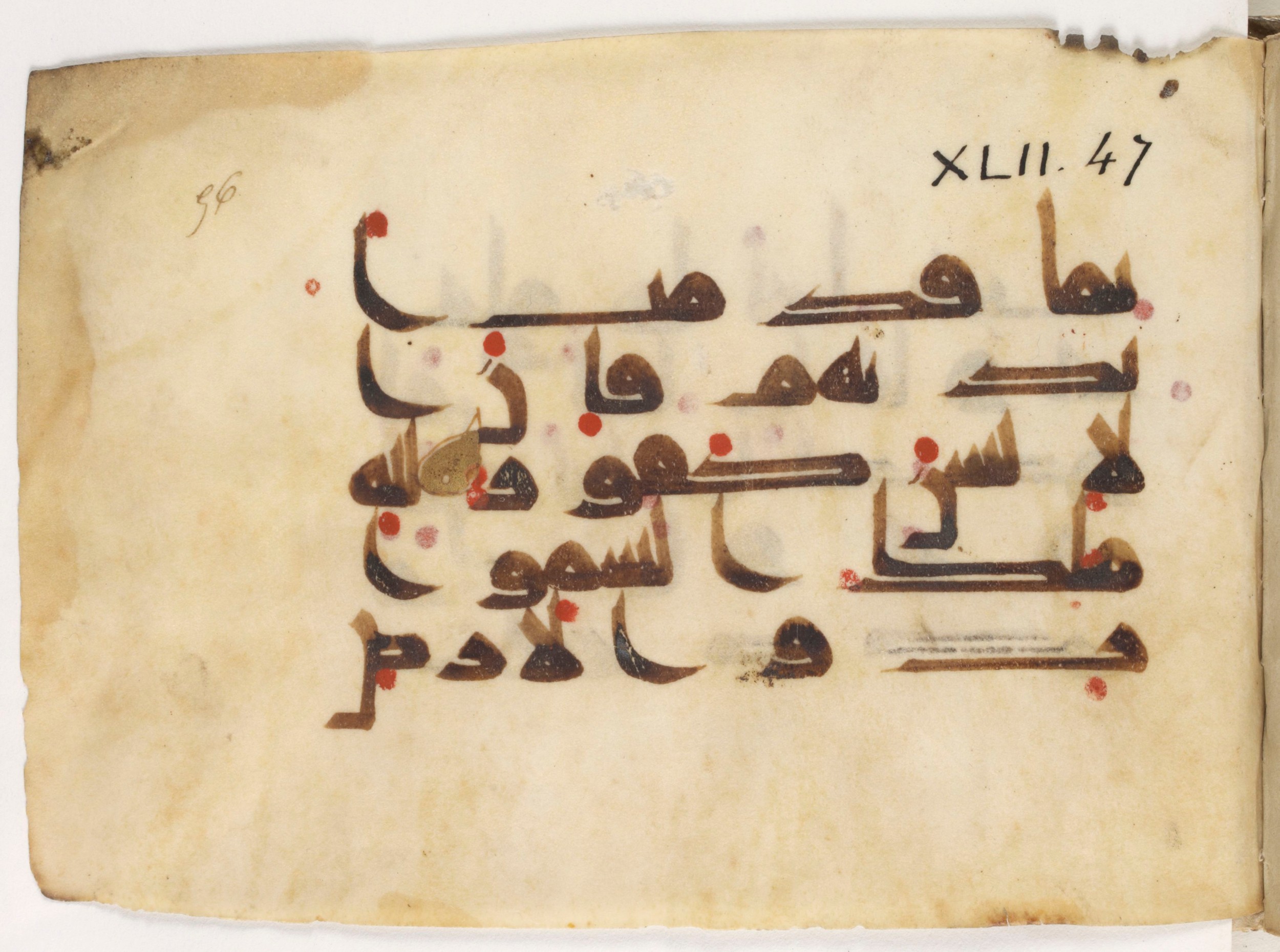 Paris, Bibliothèque nationale de France, Arabe 381 (b) (Scan 1), in Kūfī D.III script, showing Surah 42:49 from Mid 8th to Late 9th Century AD found in al-Fusṭāṭ, Egypt, currently housed at Bibliothèque nationale de France, Paris