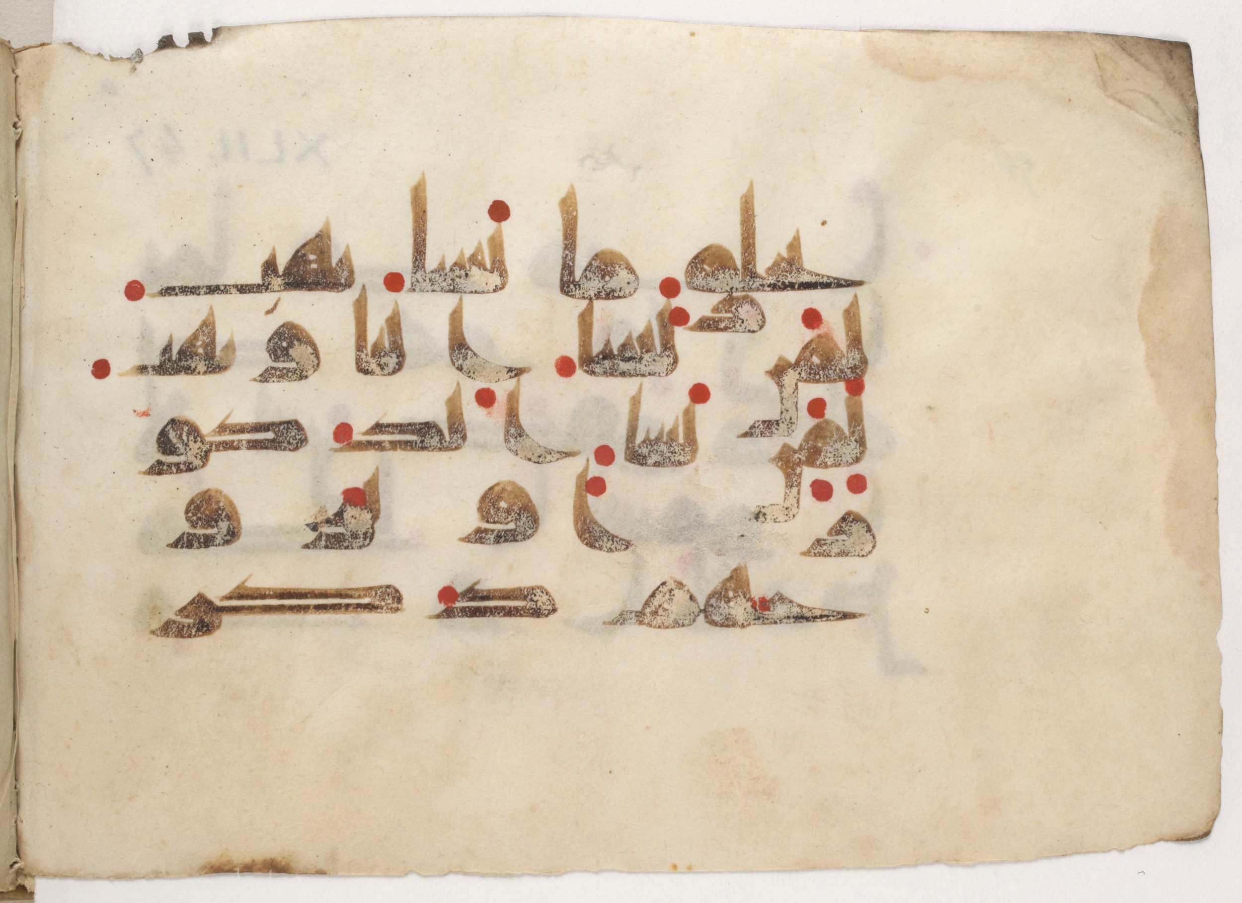 Paris, Bibliothèque nationale de France, Arabe 381 (b) (Scan 2), in Kūfī D.III script, showing Surah 42:49 from Mid 8th to Late 9th Century AD found in al-Fusṭāṭ, Egypt, currently housed at Bibliothèque nationale de France, Paris