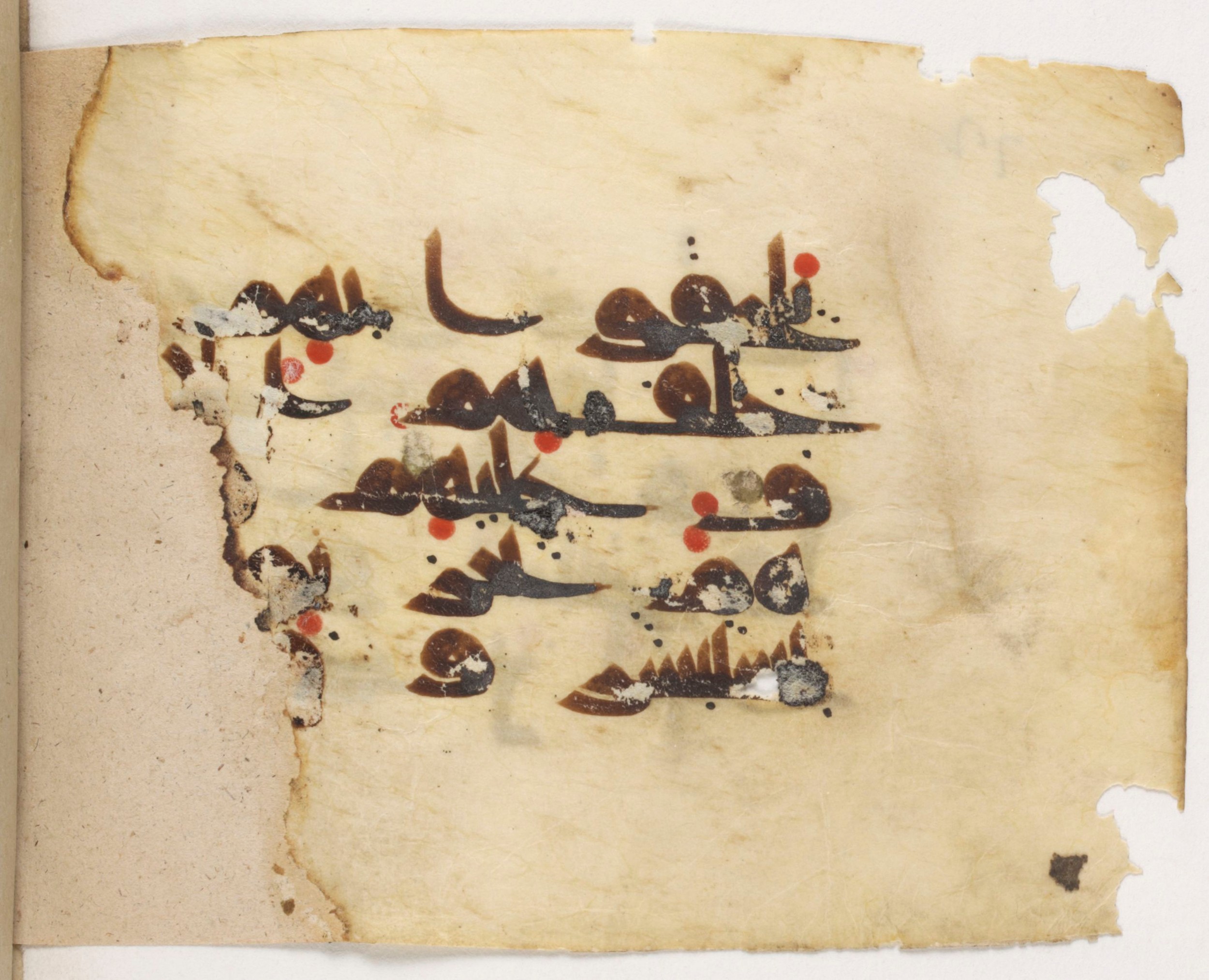 Paris, Bibliothèque nationale de France, Arabe 381 (e) (Scan 2), in kūfī D.III script, showing Surah 3:170 from Mid 8th to Late 9th Century AD found in Unknown, currently housed at Bibliothèque nationale de France, Paris