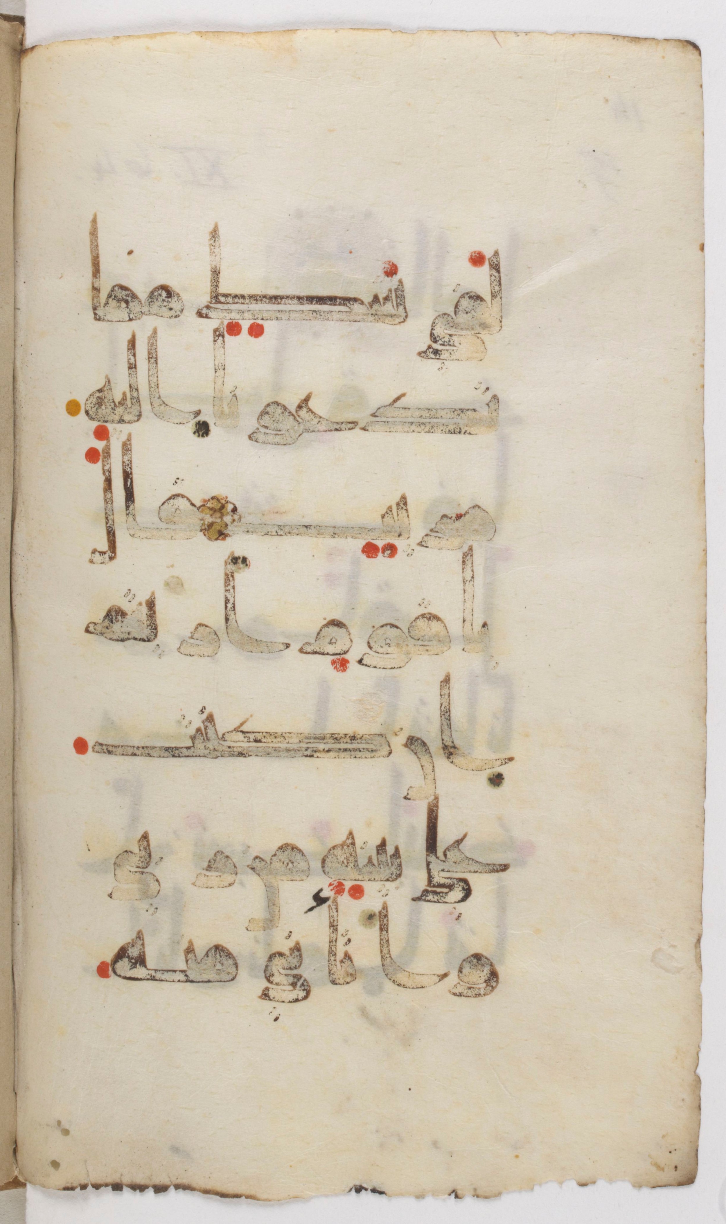 Paris, Bibliothèque nationale de France, Arabe 383 (b) (Scan 1), in kūfī D.Va script, showing Surah 11:63 from Mid 8th to Late 10th Century AD found in Fustat (Old Cairo), Egypt, currently housed at Bibliothèque nationale de France, Paris
