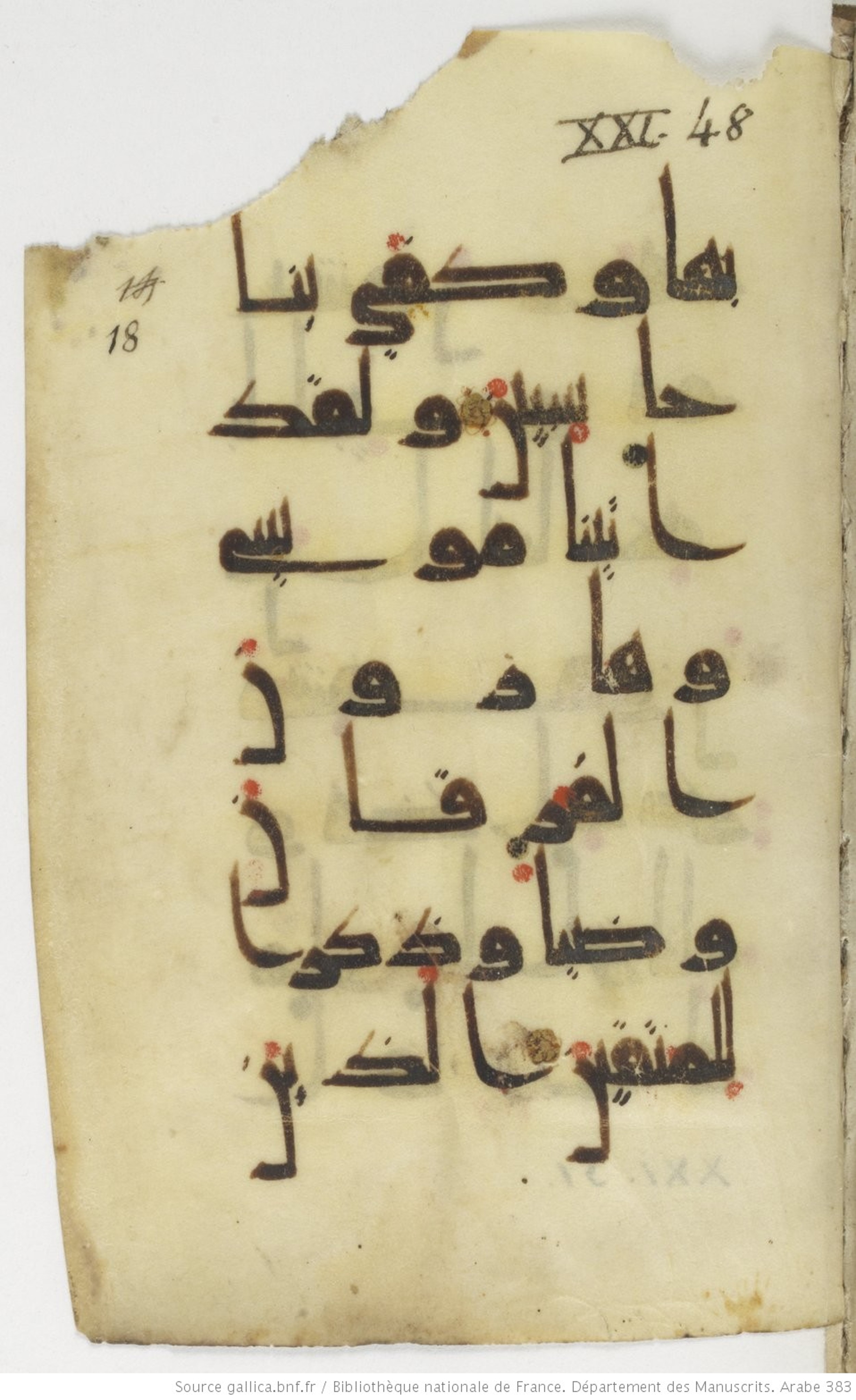 Paris, Bibliothèque nationale de France, Arabe 383 (b) (Scan 1), in kūfī D.Va script, showing Surah 21:49 from Mid 8th to Late 10th Century AD found in Fustat (Old Cairo), Egypt, currently housed at Bibliothèque nationale de France, Paris