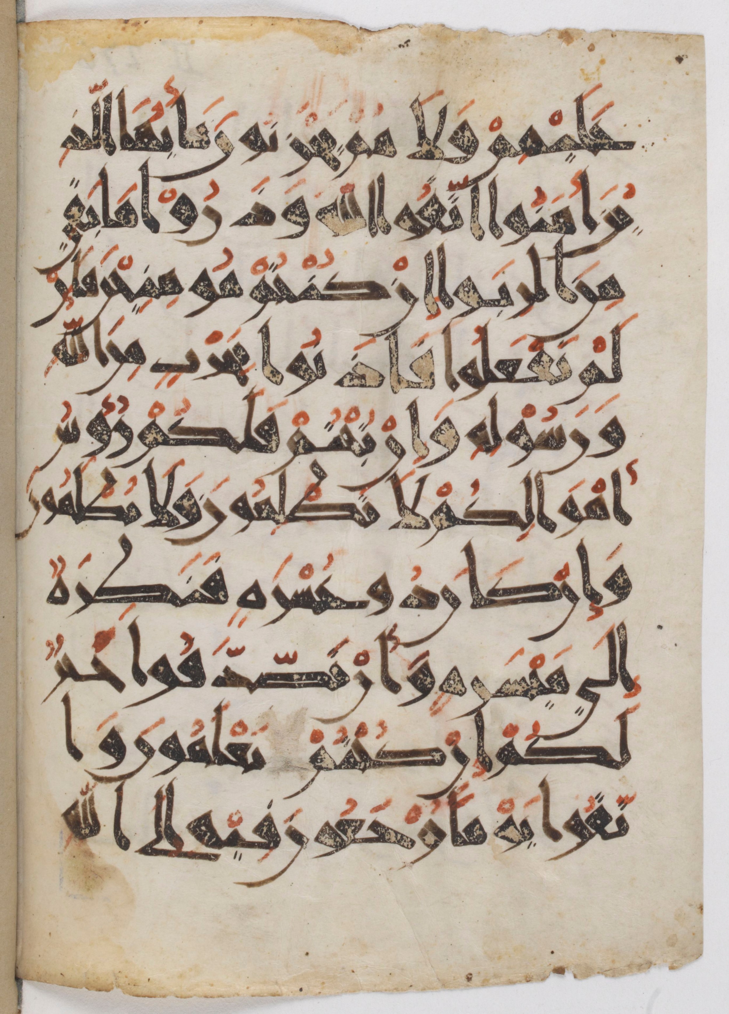 Paris, Bibliothèque nationale de France, Arabe 383 (c) (Scan 1), in New Style I script, showing Surah 2:281 from 10th Century AD found in al-Fusṭāṭ (Old Cairo), Egypt, currently housed at Bibliothèque nationale de France, Paris