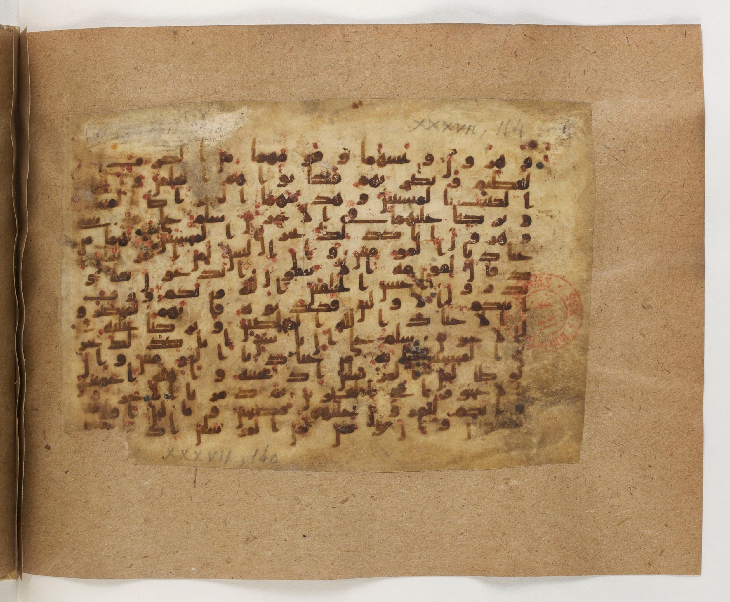 Paris, Bibliothèque nationale de France, Arabe 5103 (b), in Kufic B.II script, showing Surah 37:136 from Mid 8th to Late 9th Century AD found in Fustat (Old Cairo), Egypt, currently housed at Bibliothèque nationale de France, Paris
