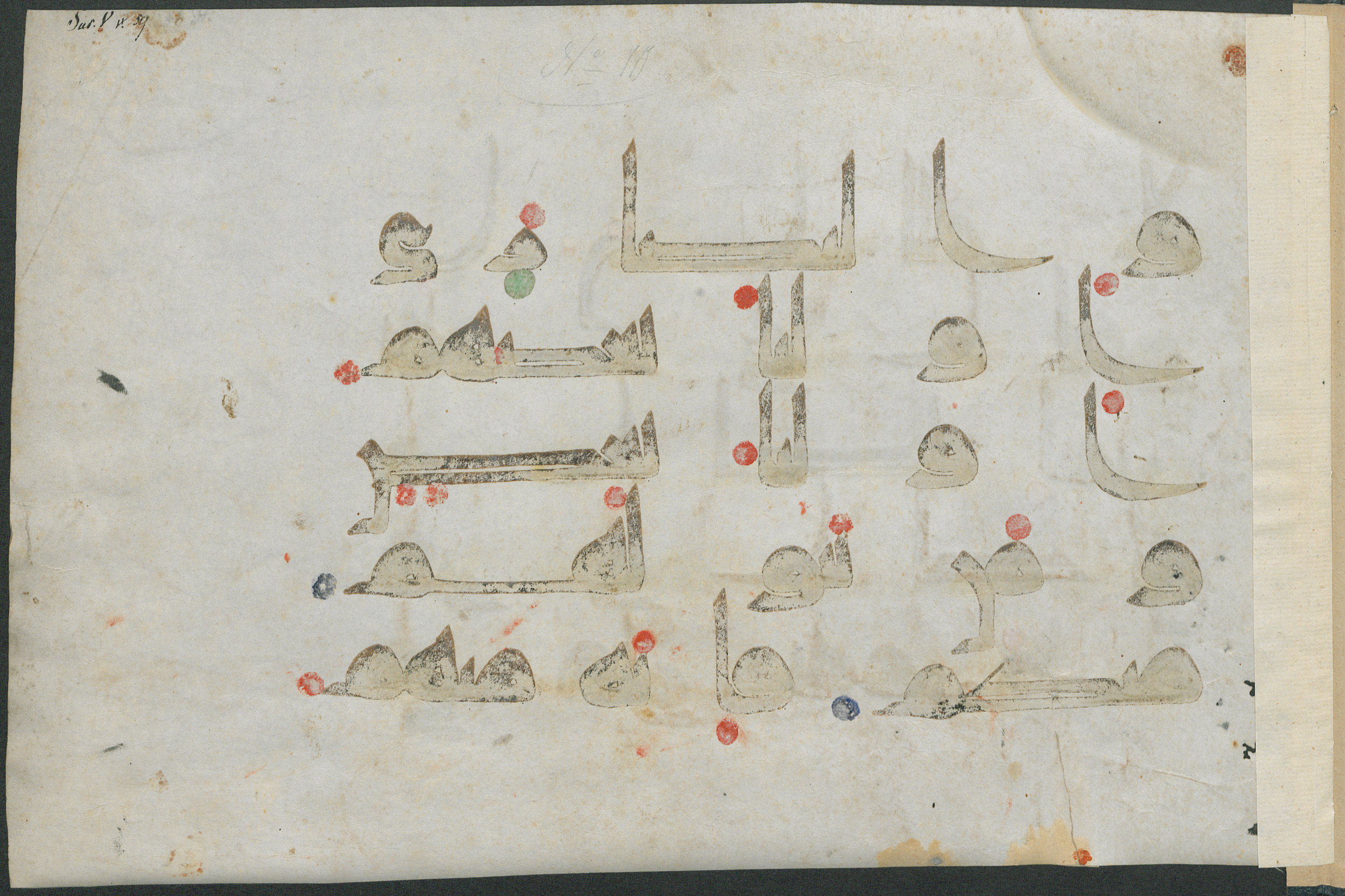 Gotha Ms. orient. A 439 (Scan 1), in kūfī D.I script, showing Surah 5:51 from Mid 8th to Late 9th Century AD found in Unknown, currently housed at Forschungsbibliothek Gotha, Gotha