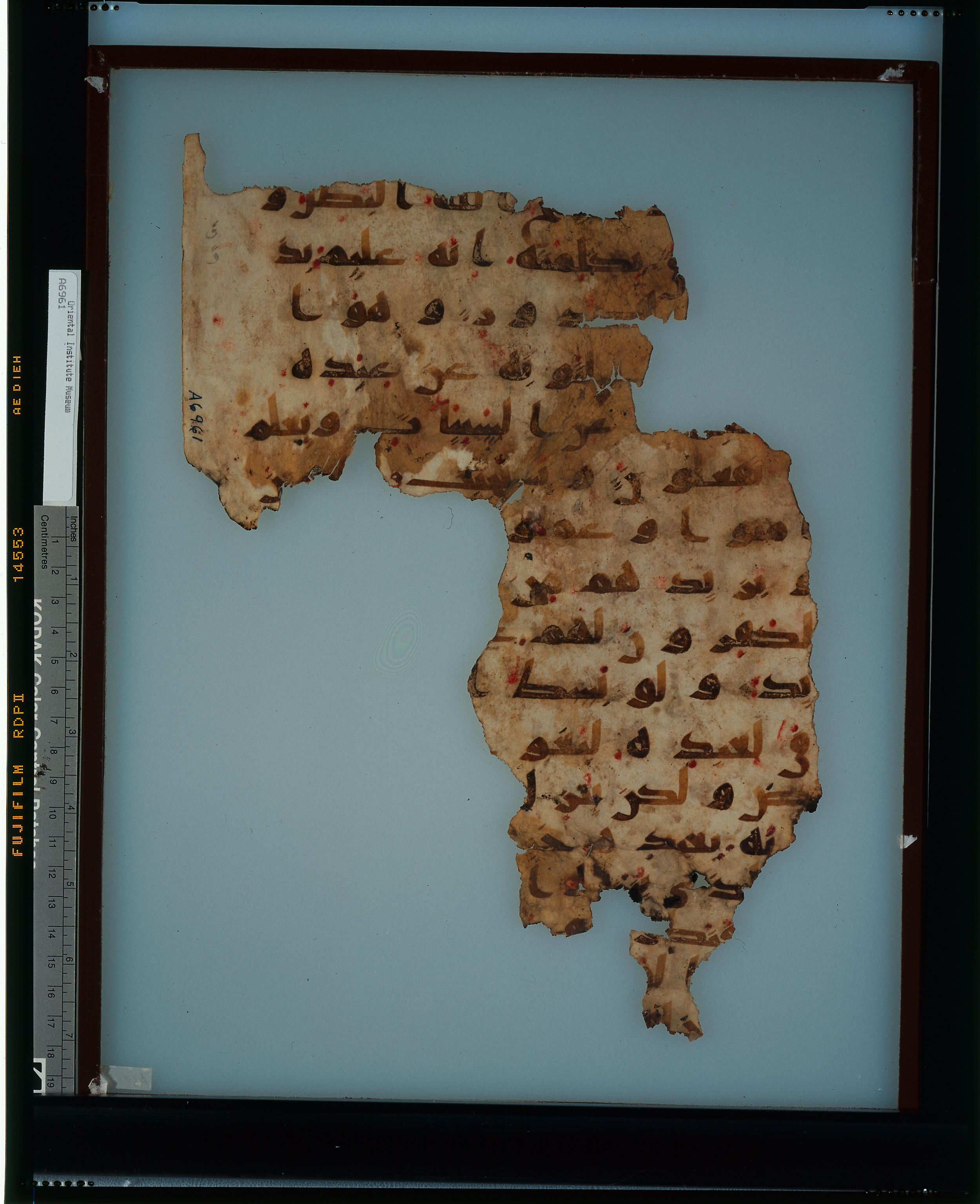 Chicago, Institute for the Study of Ancient Cultures, A 6993 & A 6961 (Scan 1), in kūfī A.I script, showing Surah 42:29 from 8th Century AD found in Egypt, currently housed at Institute for the Study of Ancient Cultures, Chicago