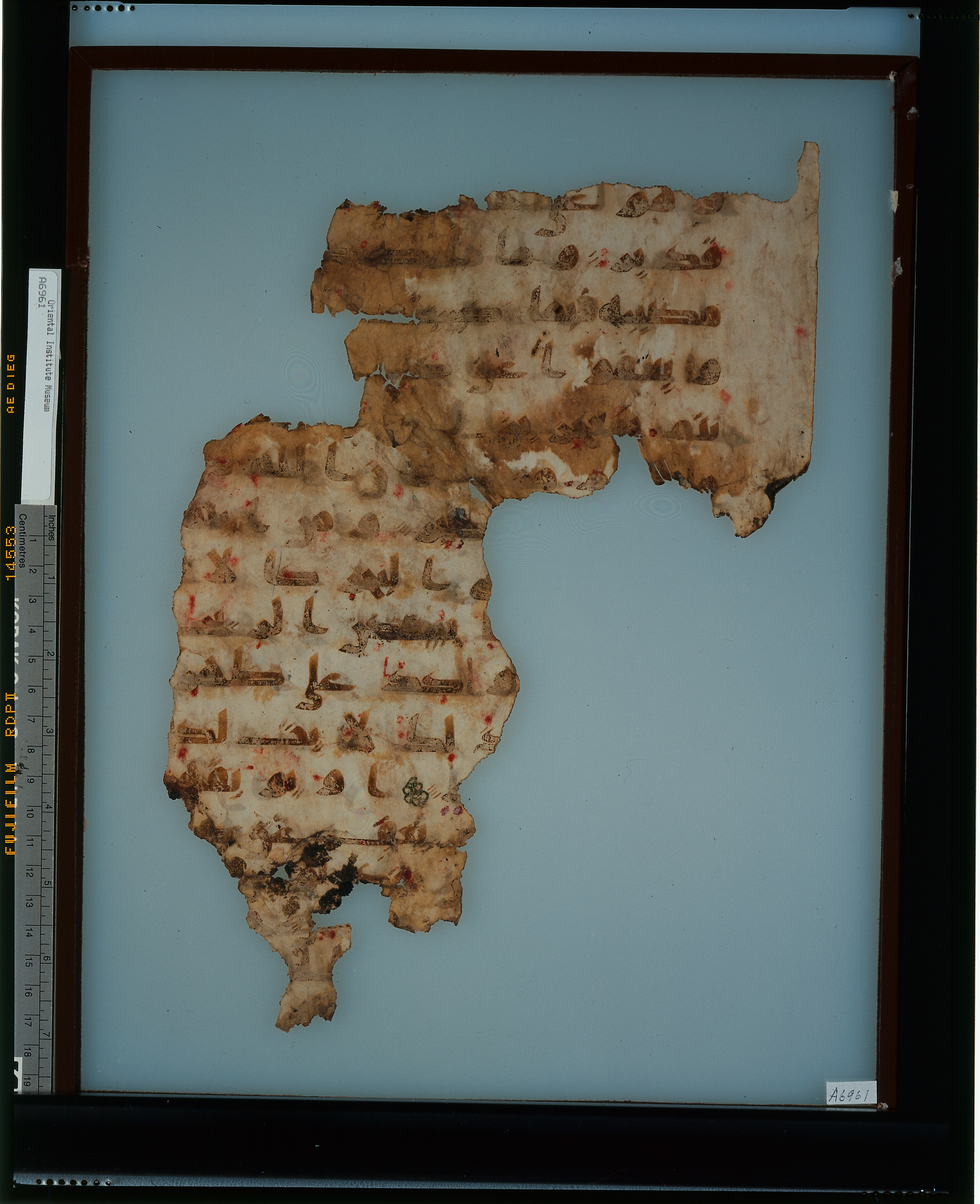Chicago, Institute for the Study of Ancient Cultures, A 6993 & A 6961, in kūfī A.I script, showing Surah 42:32 from 8th Century AD found in Egypt, currently housed at Institute for the Study of Ancient Cultures, Chicago