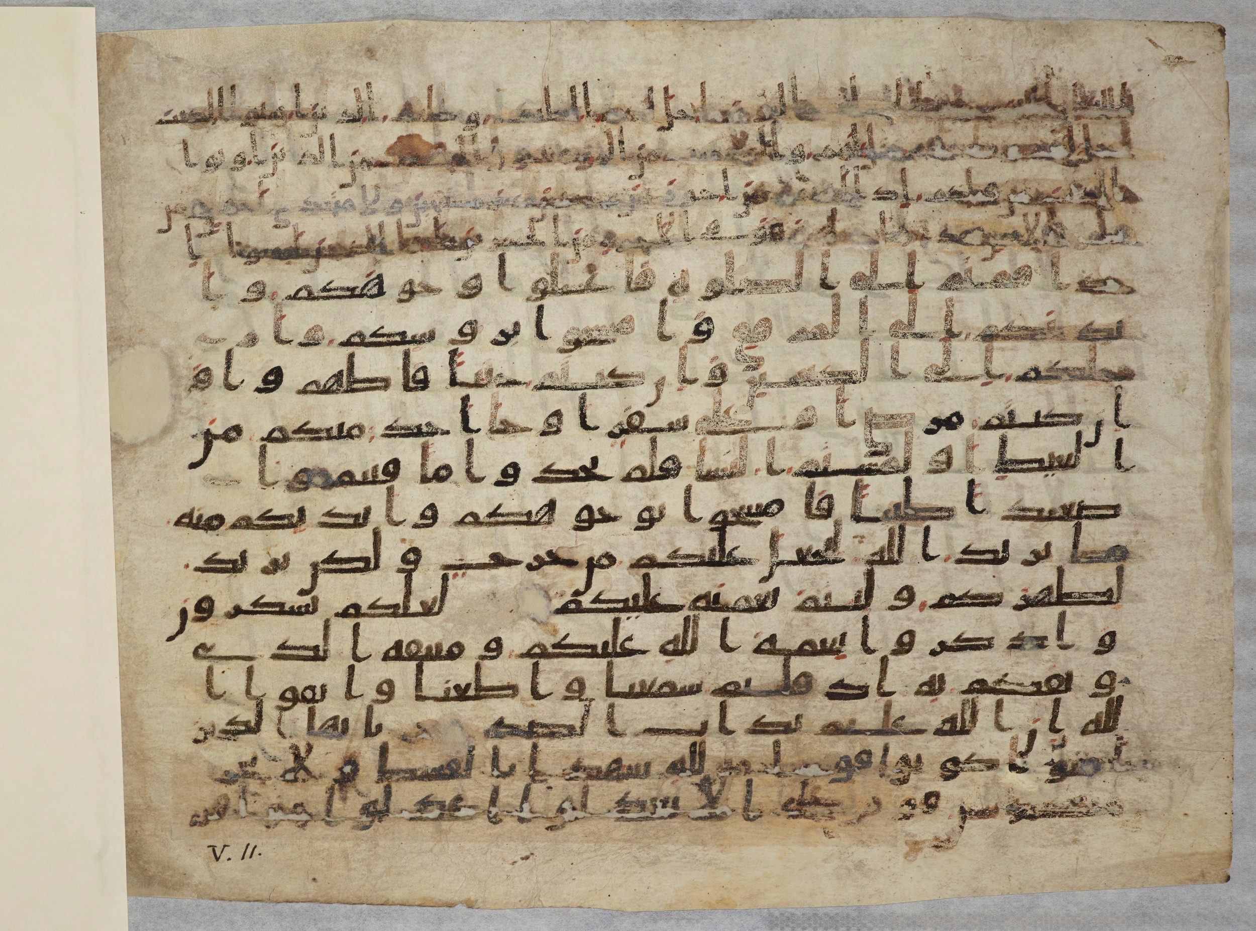 Paris, Bibliothèque nationale de France, Arabe 334 (a) (Scan 2), in Kufic C I b (with Hijazi tendencies) script, showing Surah 5:7 from 8th to 9th Century AD found in Fustat (Old Cairo), Egypt, currently housed at Bibliothèque nationale de France, Paris