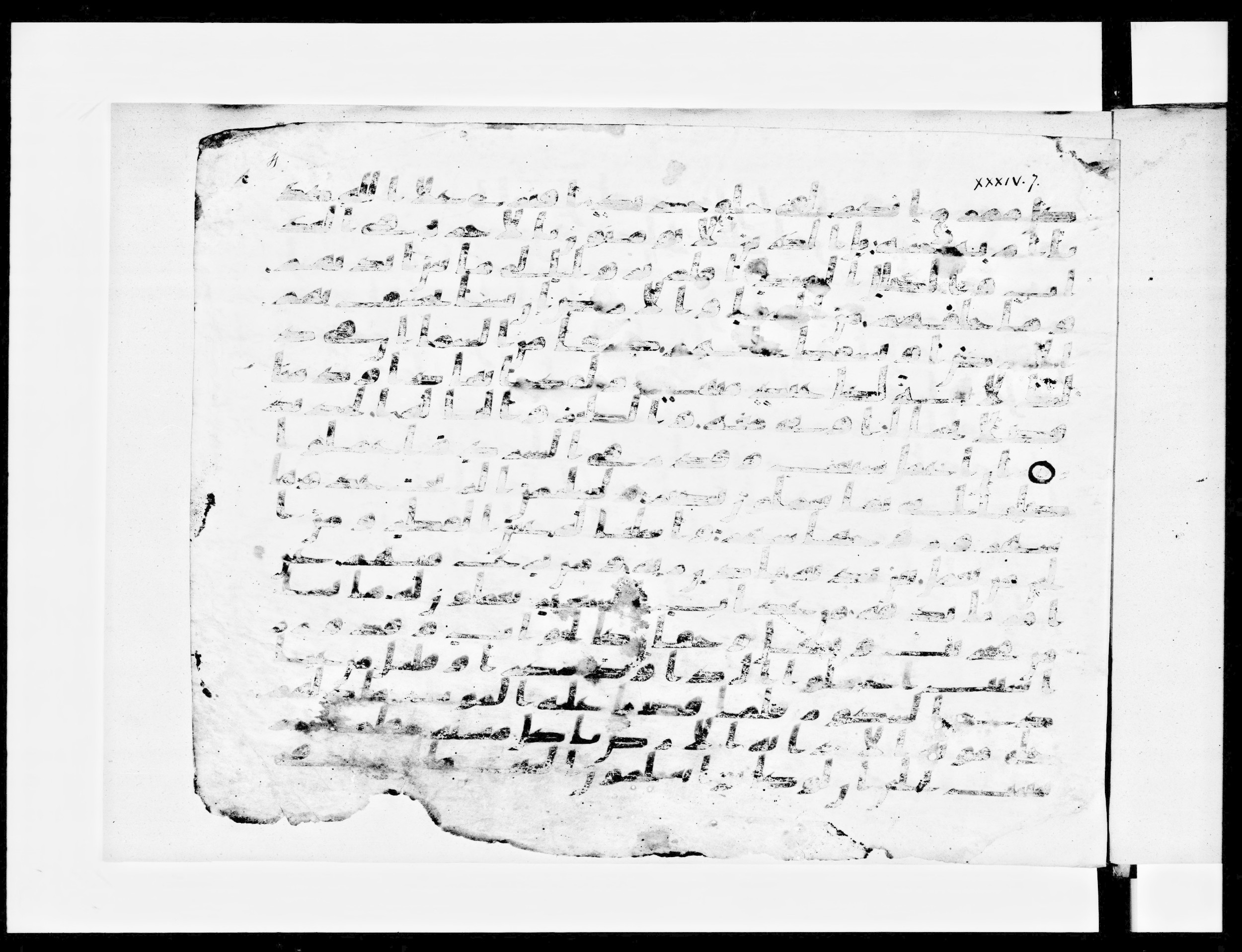 Paris, Bibliothèque nationale de France, Arabe 334 (a) (Scan 1), in Kufic C I b (with Hijazi tendencies) script, showing Surah 34:7 from 8th to 9th Century AD found in Fustat (Old Cairo), Egypt, currently housed at Bibliothèque nationale de France, Paris