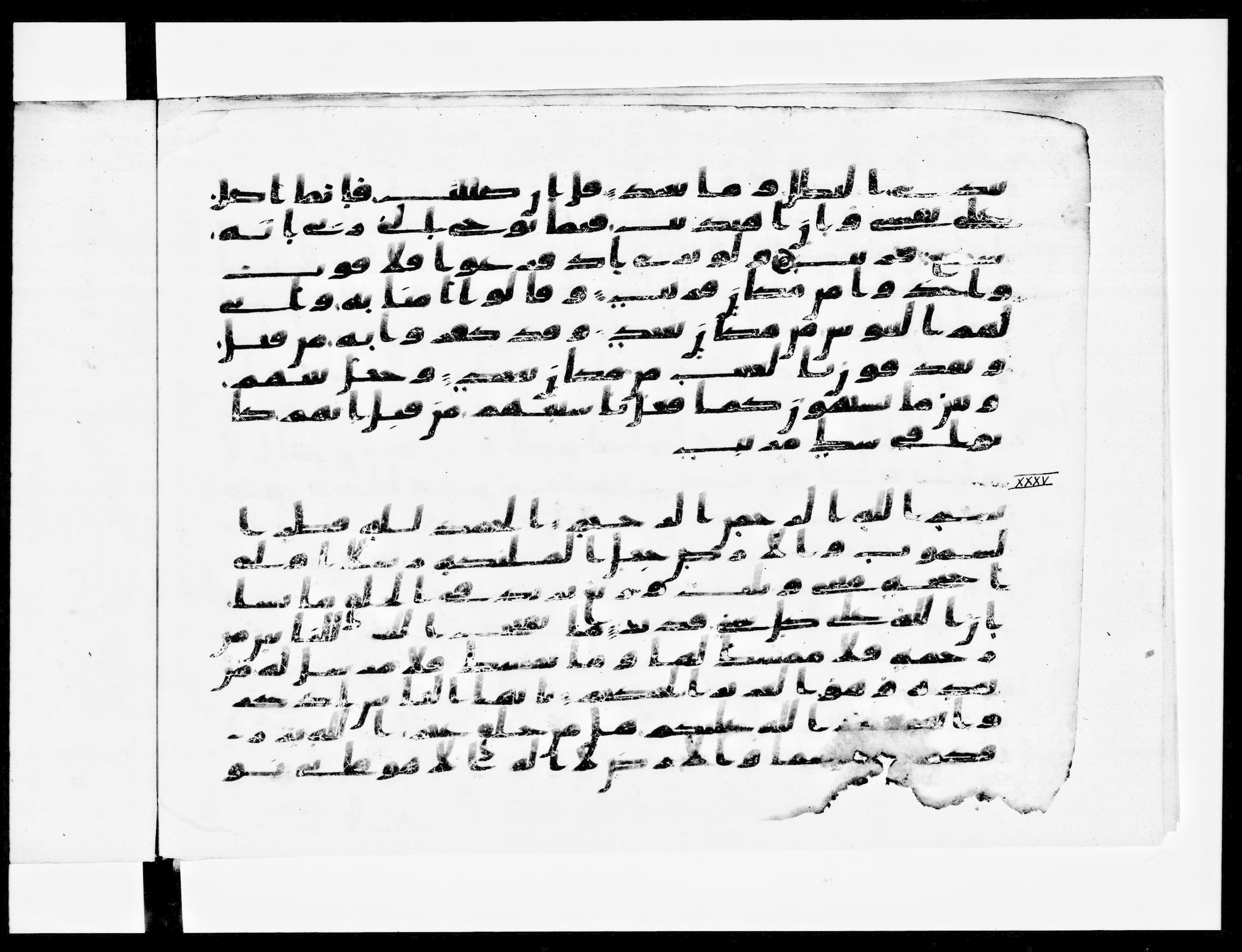 Paris, Bibliothèque nationale de France, Arabe 334 (a) (Scan 1), in Kufic C I b (with Hijazi tendencies) script, showing Surah 35:3 from 8th to 9th Century AD found in Fustat (Old Cairo), Egypt, currently housed at Bibliothèque nationale de France, Paris