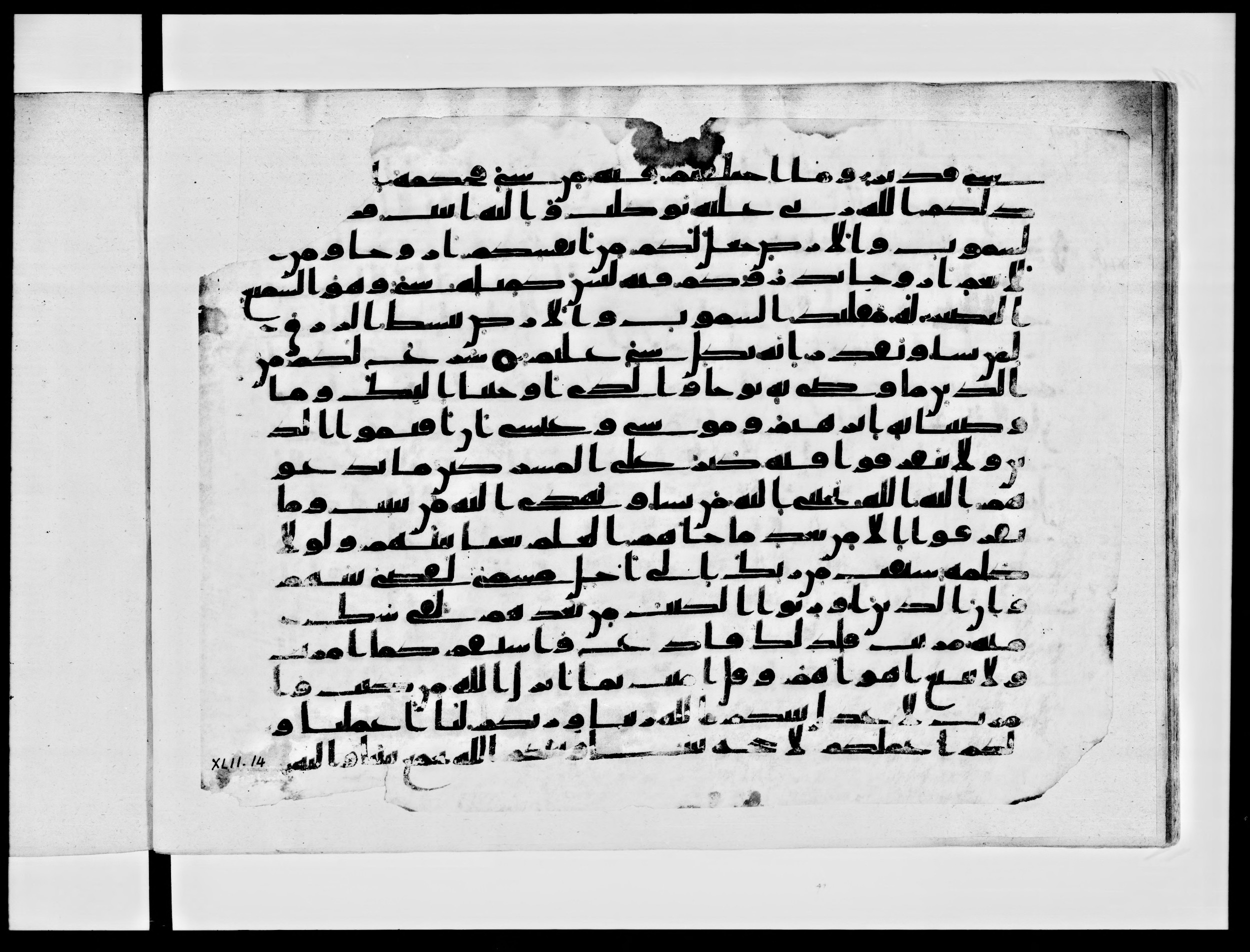 Paris, Bibliothèque nationale de France, Arabe 334 (b) (Scan 1), in Kūfī C.Ib script, showing Surah 42:10 from 8th to 9th Century AD found in al-Fusṭāṭ, Egypt, currently housed at Bibliothèque nationale de France, Paris
