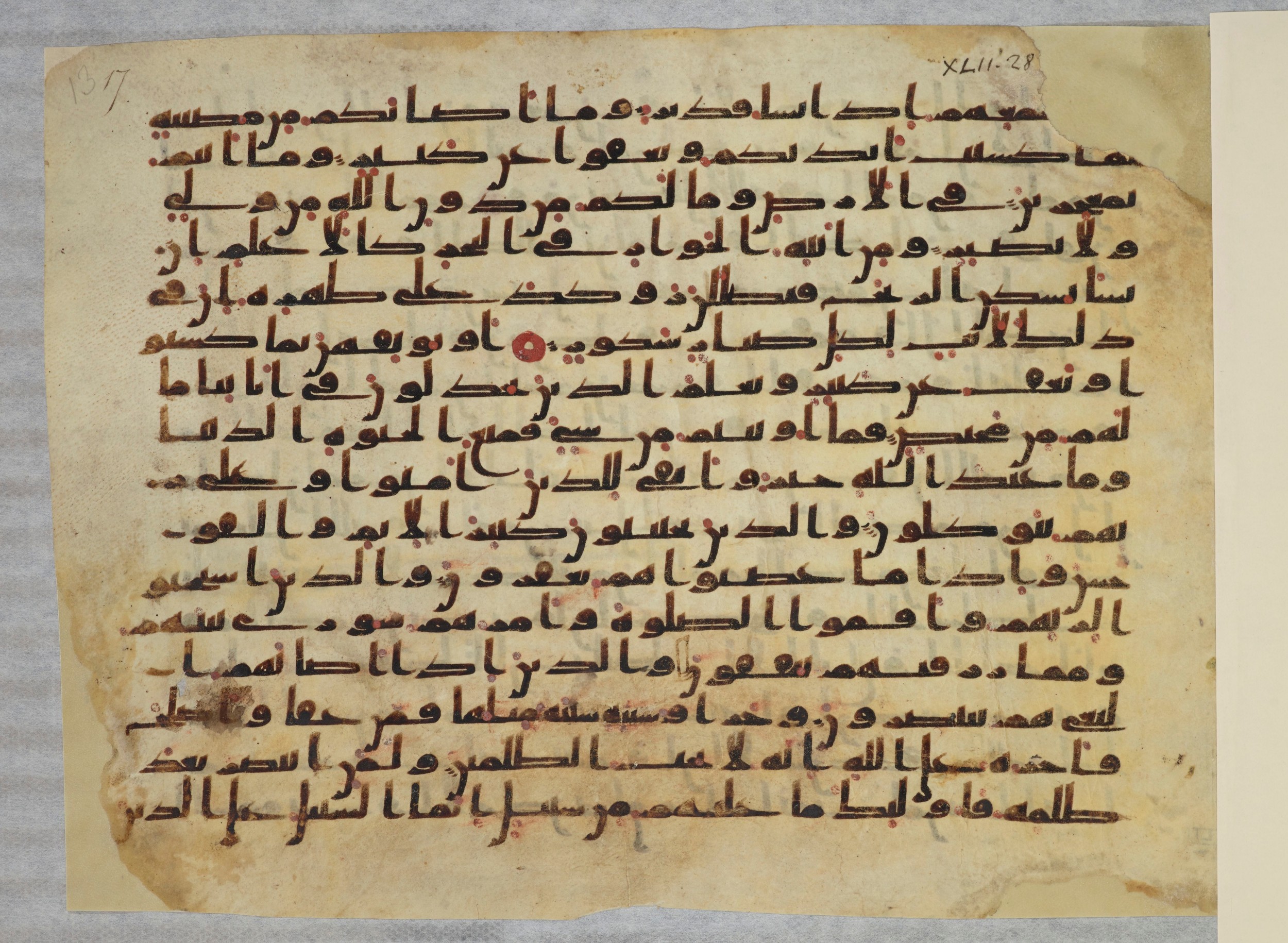 Paris, Bibliothèque nationale de France, Arabe 334 (b) (Scan 2), in Kūfī C.Ib script, showing Surah 42:39 from 8th to 9th Century AD found in al-Fusṭāṭ, Egypt, currently housed at Bibliothèque nationale de France, Paris