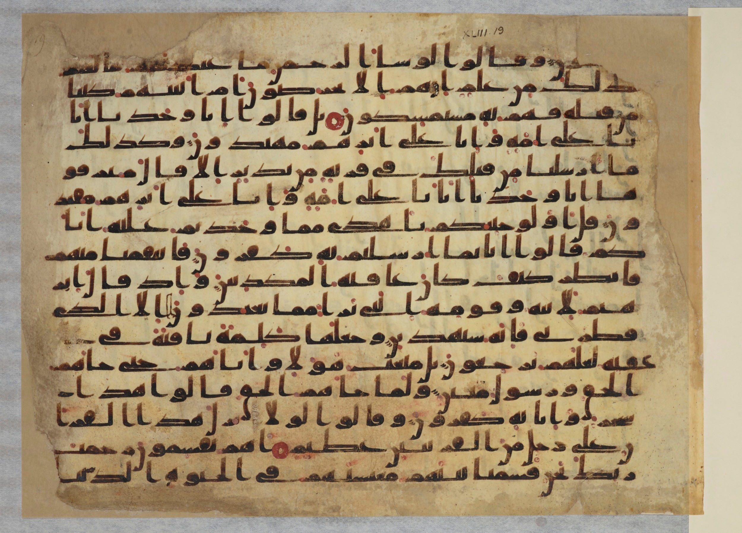 Paris, Bibliothèque nationale de France, Arabe 334 (b) (Scan 2), in Kūfī C.Ib script, showing Surah 43:21 from 8th to 9th Century AD found in al-Fusṭāṭ, Egypt, currently housed at Bibliothèque nationale de France, Paris