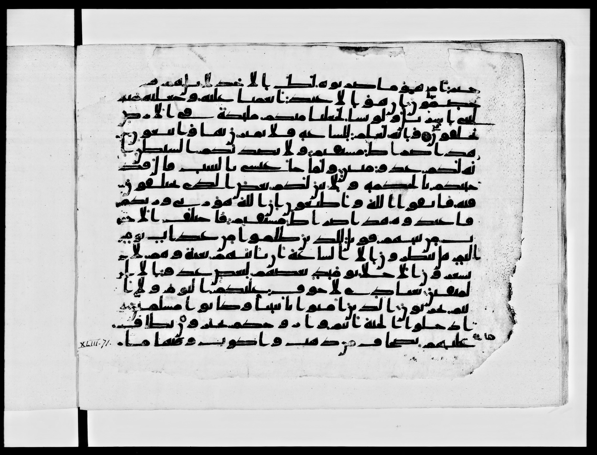 Paris, Bibliothèque nationale de France, Arabe 334 (b) (Scan 1), in Kūfī C.Ib script, showing Surah 43:71 from 8th to 9th Century AD found in al-Fusṭāṭ, Egypt, currently housed at Bibliothèque nationale de France, Paris