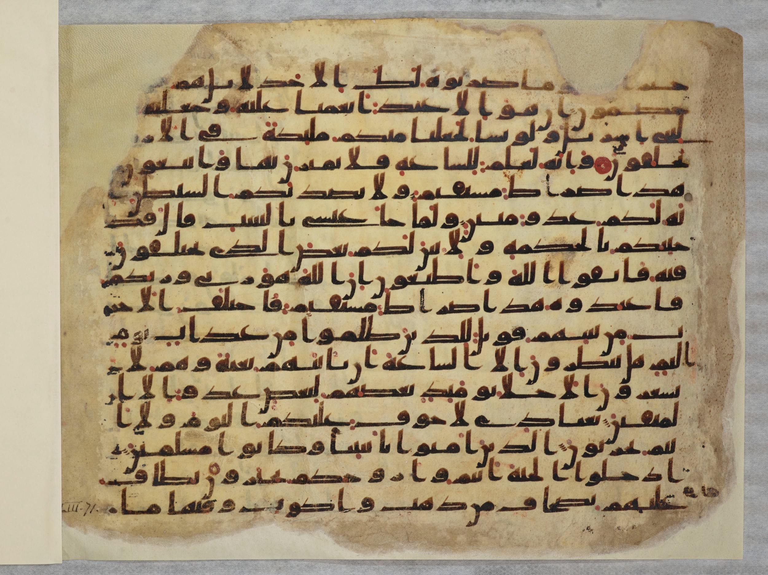 Paris, Bibliothèque nationale de France, Arabe 334 (b) (Scan 2), in Kūfī C.Ib script, showing Surah 43:71 from 8th to 9th Century AD found in al-Fusṭāṭ, Egypt, currently housed at Bibliothèque nationale de France, Paris