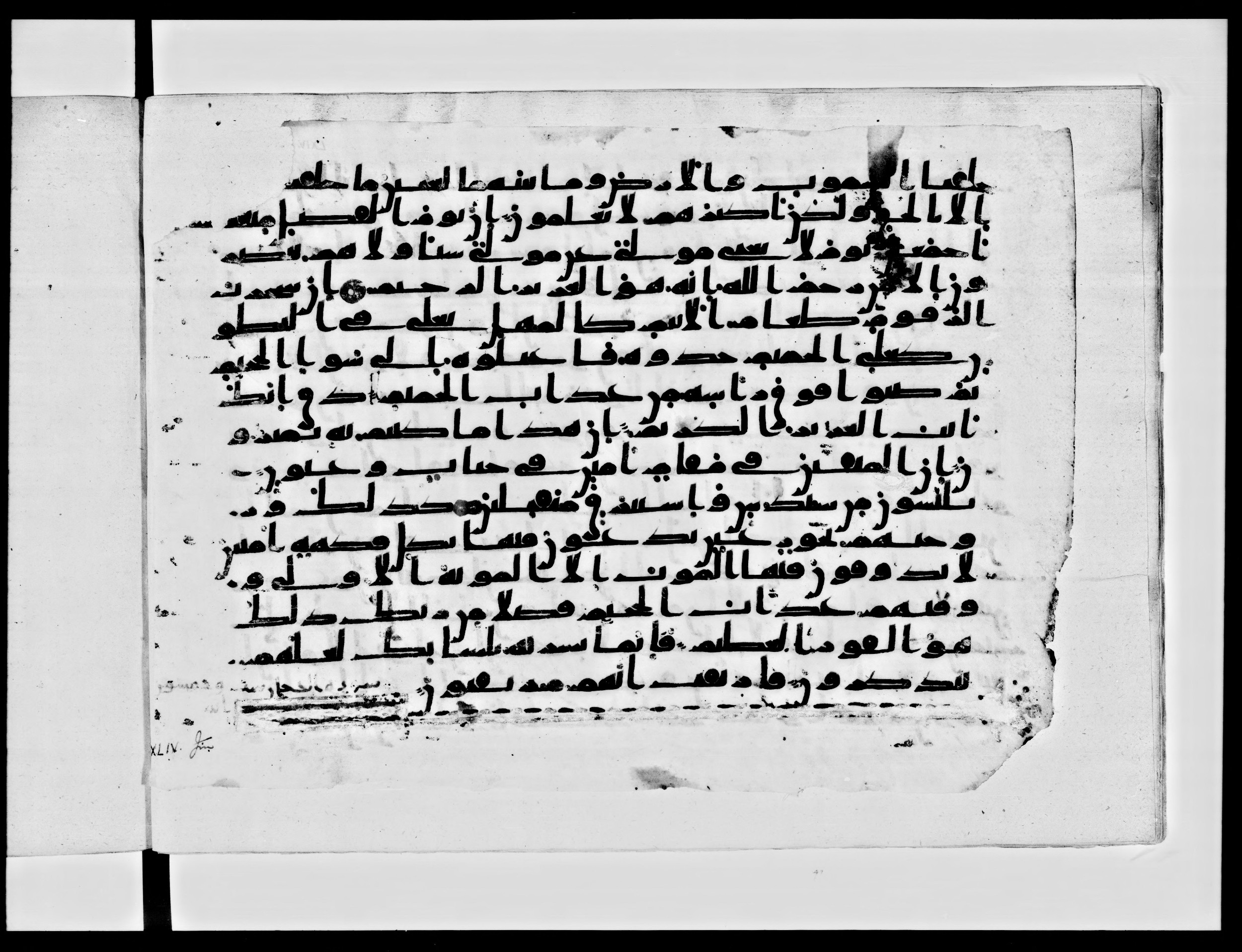 Paris, Bibliothèque nationale de France, Arabe 334 (b) (Scan 1), in Kūfī C.Ib script, showing Surah 44:39 from 8th to 9th Century AD found in al-Fusṭāṭ, Egypt, currently housed at Bibliothèque nationale de France, Paris
