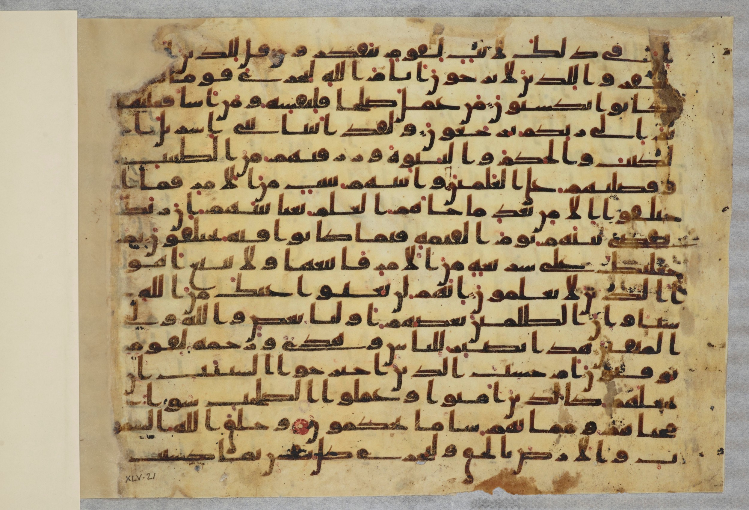 Paris, Bibliothèque nationale de France, Arabe 334 (b) (Scan 4), in Kūfī C.Ib script, showing Surah 45:13 from 8th to 9th Century AD found in al-Fusṭāṭ, Egypt, currently housed at Bibliothèque nationale de France, Paris