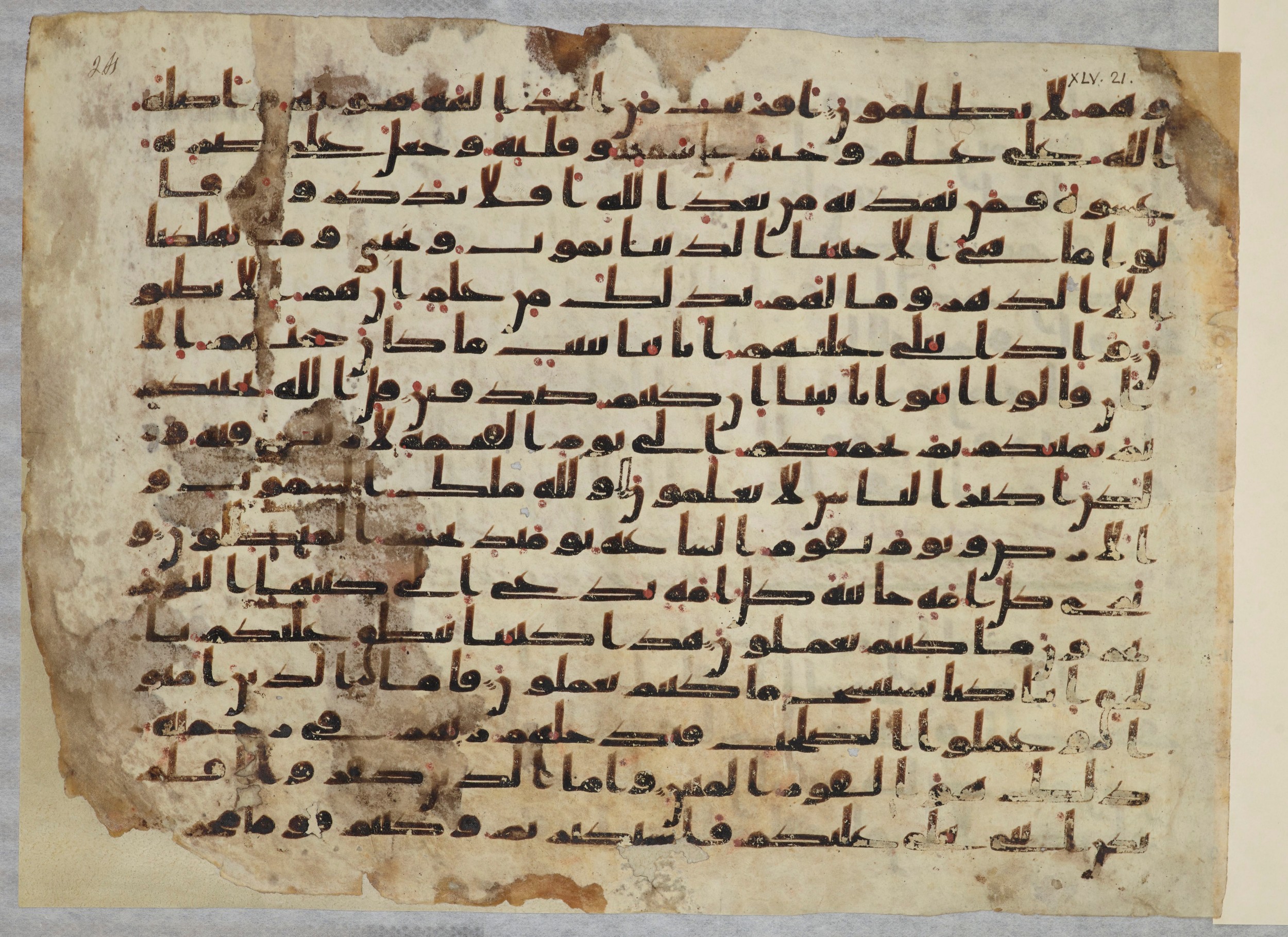 Paris, Bibliothèque nationale de France, Arabe 334 (b) (Scan 2), in Kūfī C.Ib script, showing Surah 45:29 from 8th to 9th Century AD found in al-Fusṭāṭ, Egypt, currently housed at Bibliothèque nationale de France, Paris