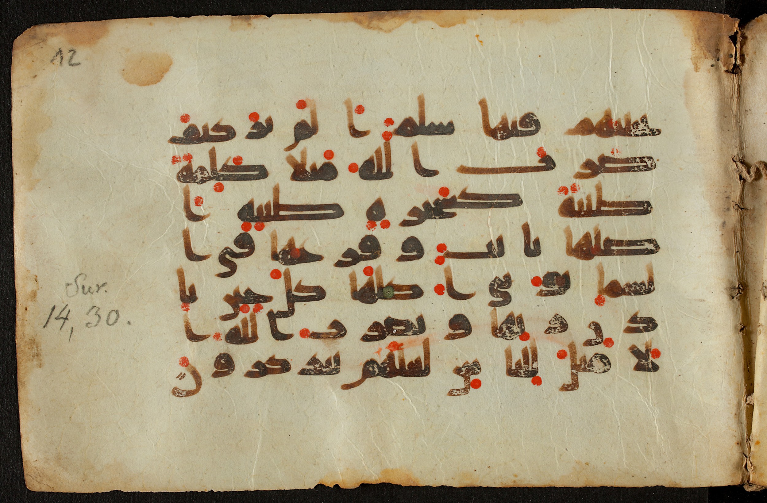 Berlin, Staatsbibliothek zu Berlin, Ms. or. quart. 1208 (VI) (Scan 2), in kūfī D.IV script, showing Surah 14:23 from 9th Century AD found in Unknown, currently housed at Staatsbibliothek zu Berlin, Berlin, Germany
