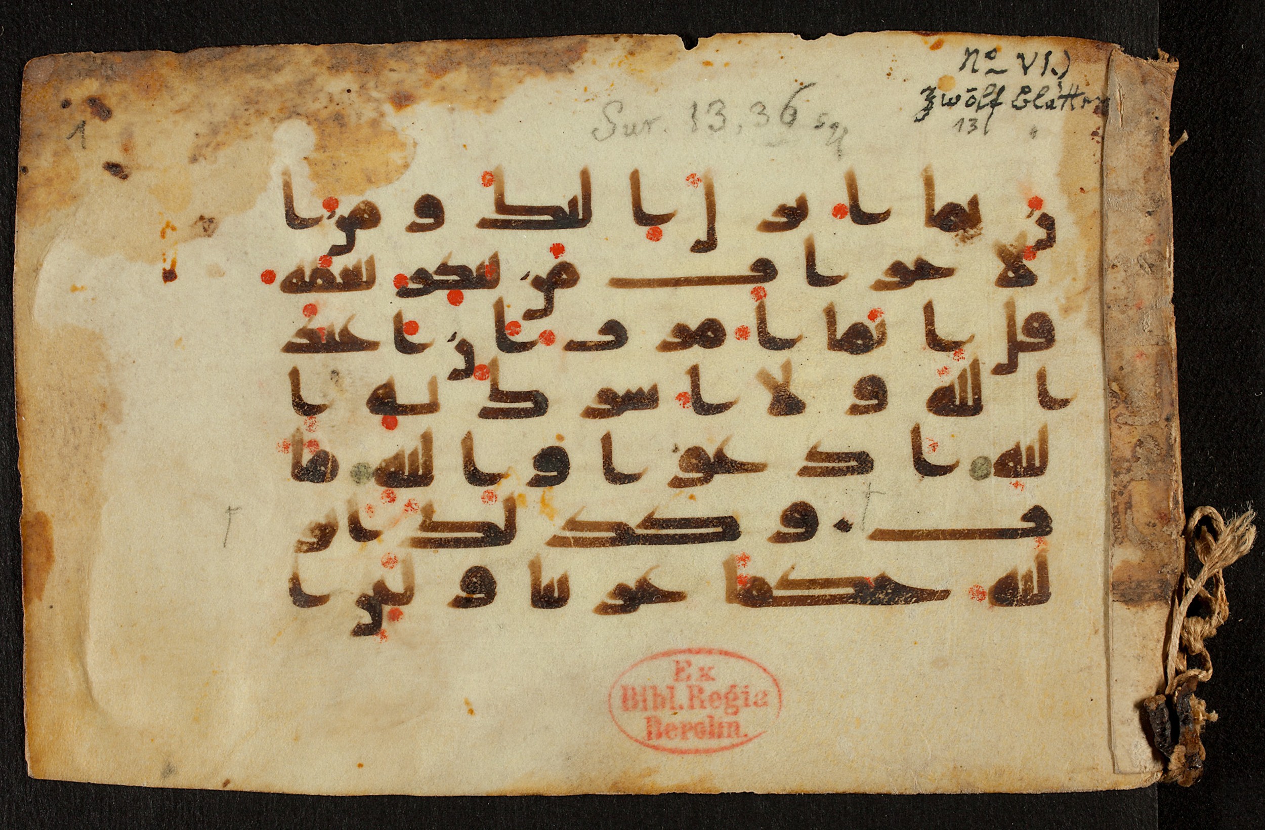 Berlin, Staatsbibliothek zu Berlin, Ms. or. quart. 1208 (VI) (Scan 1), in kūfī D.IV script, showing Surah 13:37 from 9th Century AD found in Unknown, currently housed at Staatsbibliothek zu Berlin, Berlin, Germany
